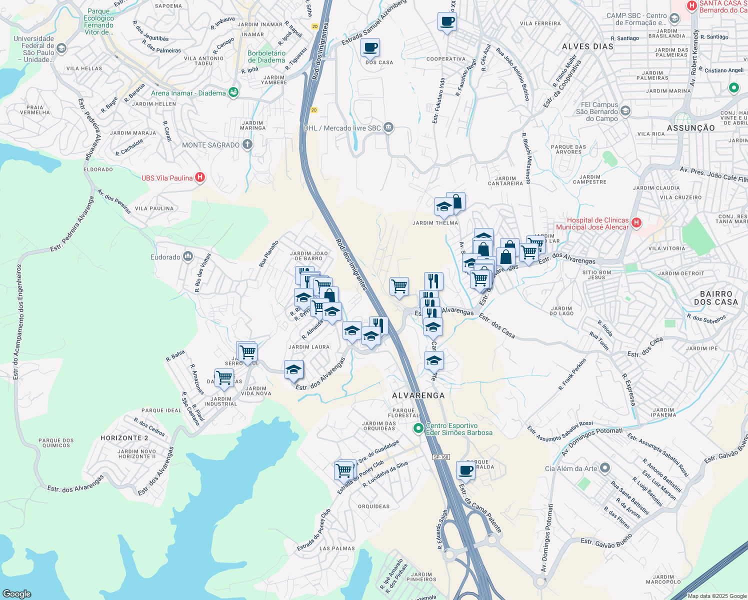 map of restaurants, bars, coffee shops, grocery stores, and more near Estrada dos Imigrantes in São Bernardo do Campo