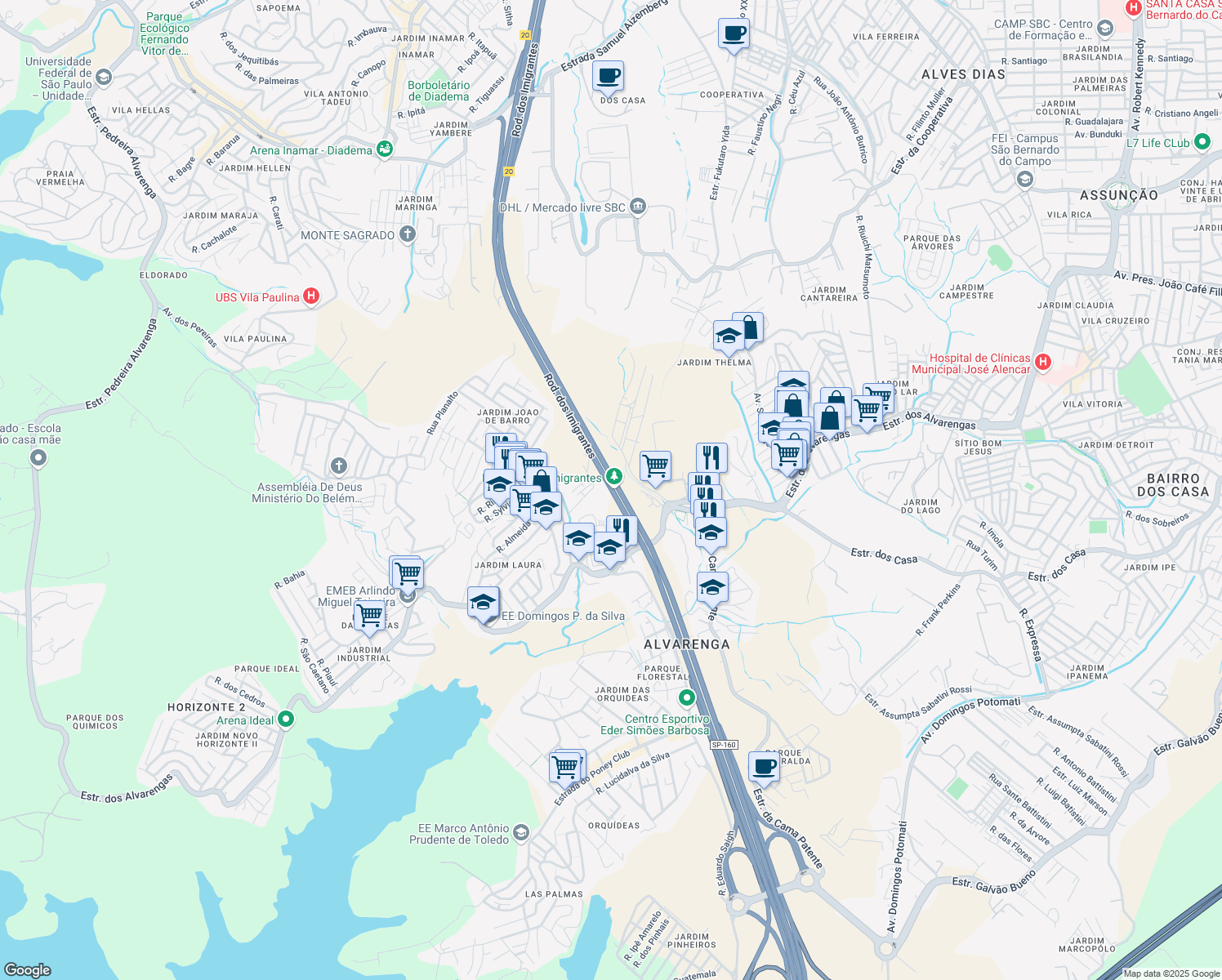 map of restaurants, bars, coffee shops, grocery stores, and more near Estrada dos Imigrantes in São Bernardo do Campo