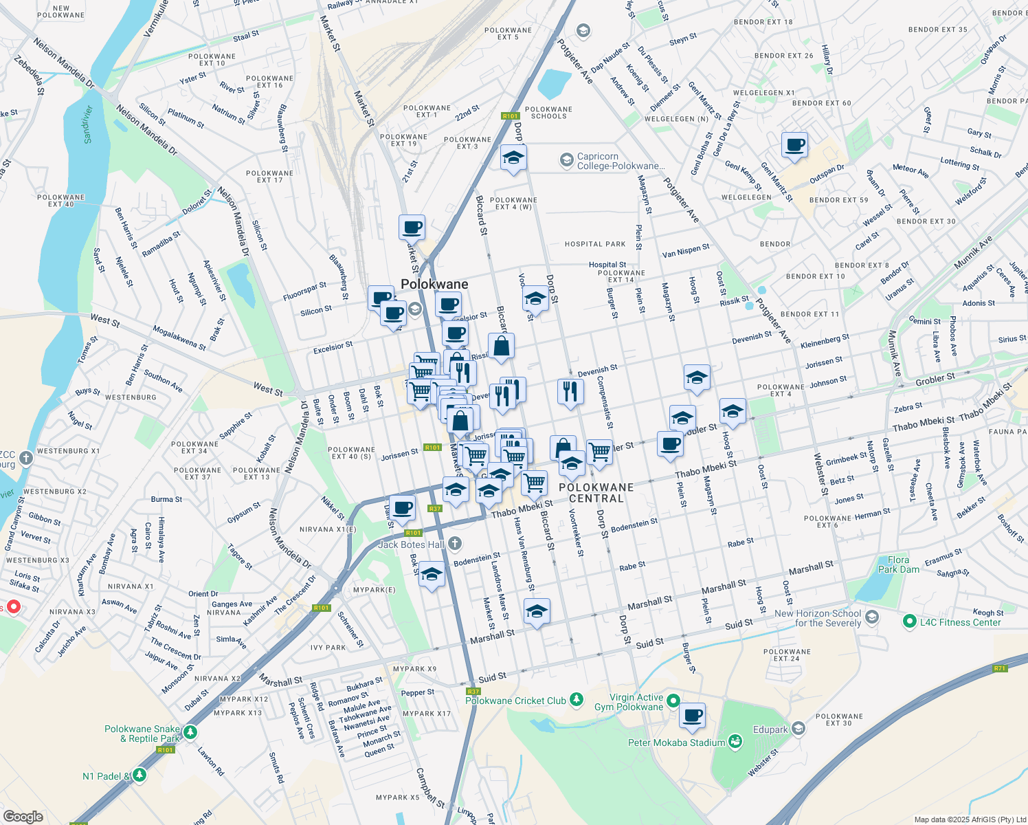 map of restaurants, bars, coffee shops, grocery stores, and more near 77 Biccard Street in Polokwane