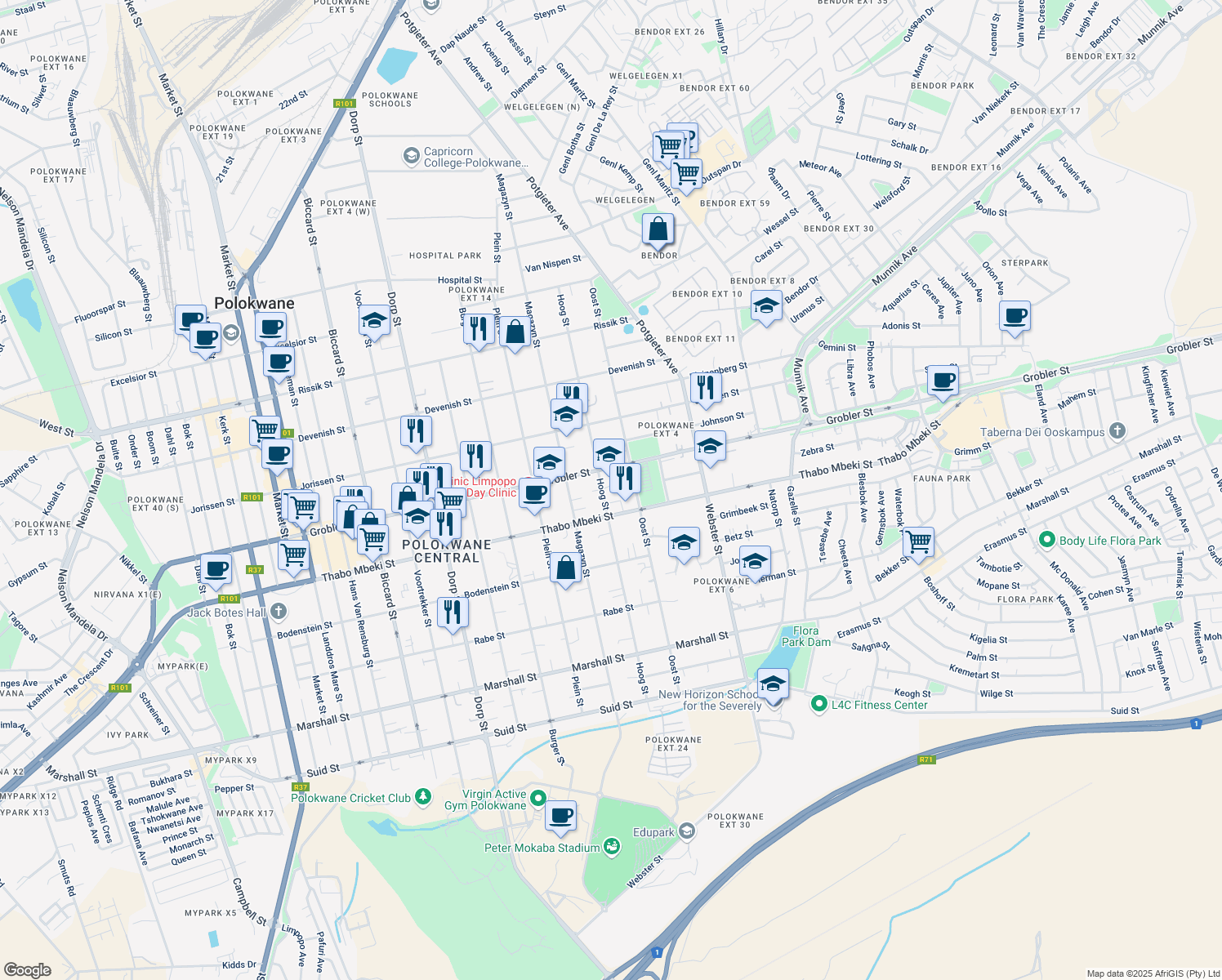 map of restaurants, bars, coffee shops, grocery stores, and more near 56 Hoog Street in Polokwane