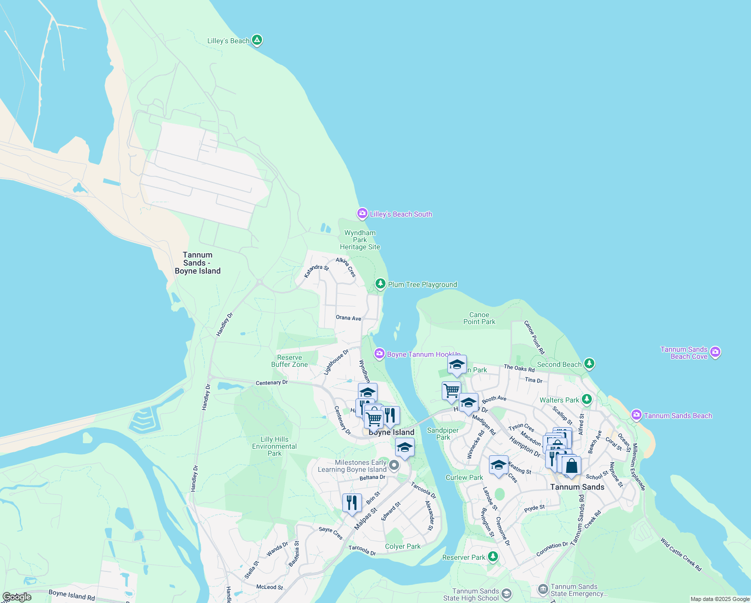 map of restaurants, bars, coffee shops, grocery stores, and more near 39 Island Esplanade in Boyne Island