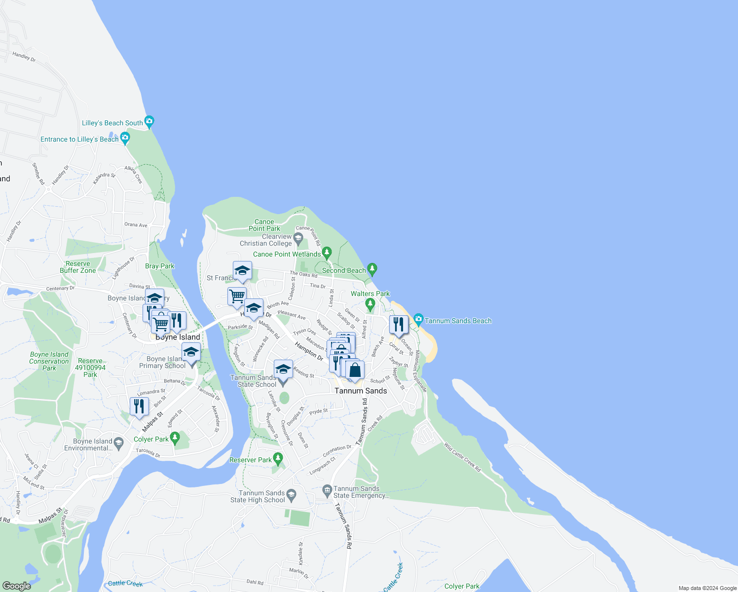 map of restaurants, bars, coffee shops, grocery stores, and more near 17 The Oaks Road in Tannum Sands