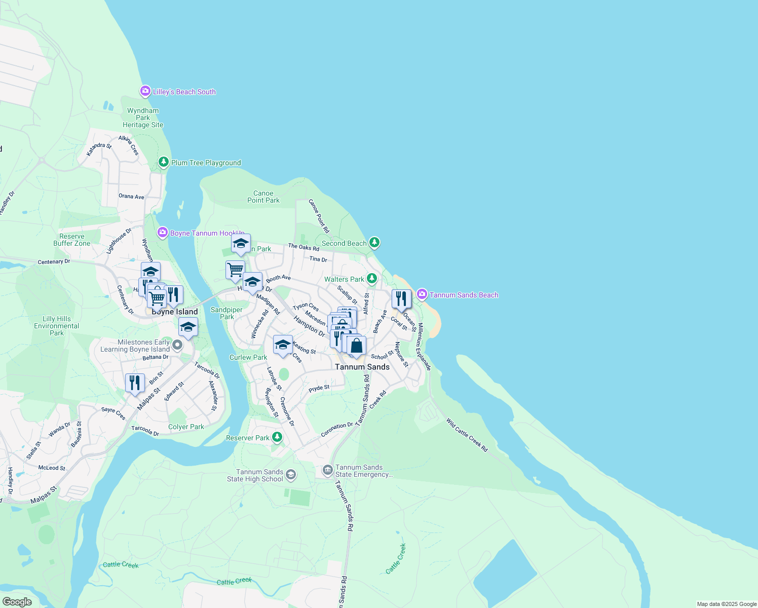 map of restaurants, bars, coffee shops, grocery stores, and more near 6 Beach Avenue in Tannum Sands