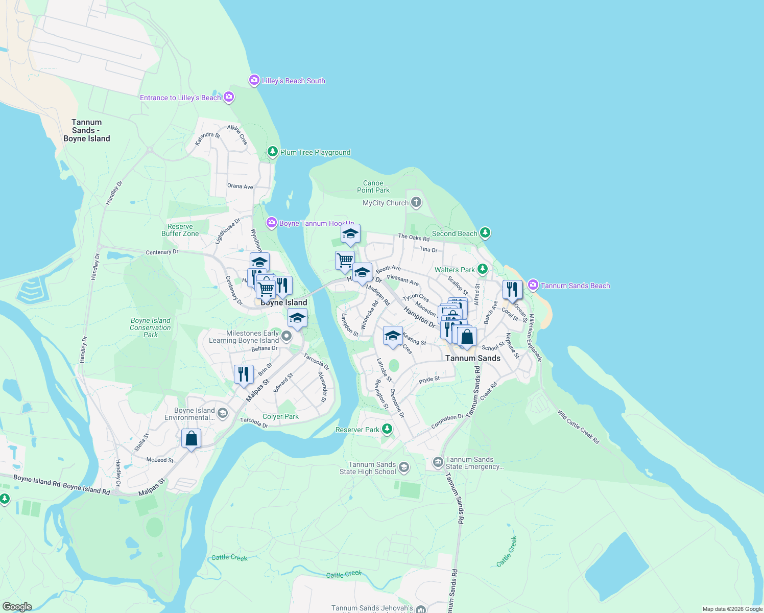 map of restaurants, bars, coffee shops, grocery stores, and more near 8 Latrobe Street in Tannum Sands