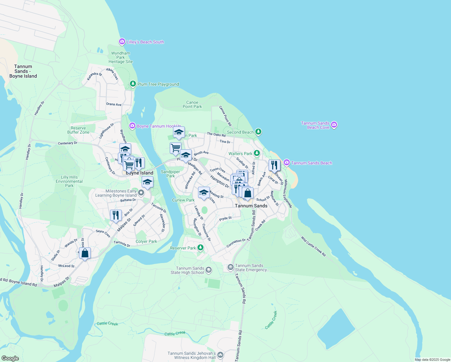 map of restaurants, bars, coffee shops, grocery stores, and more near 15 Macedon Street in Tannum Sands