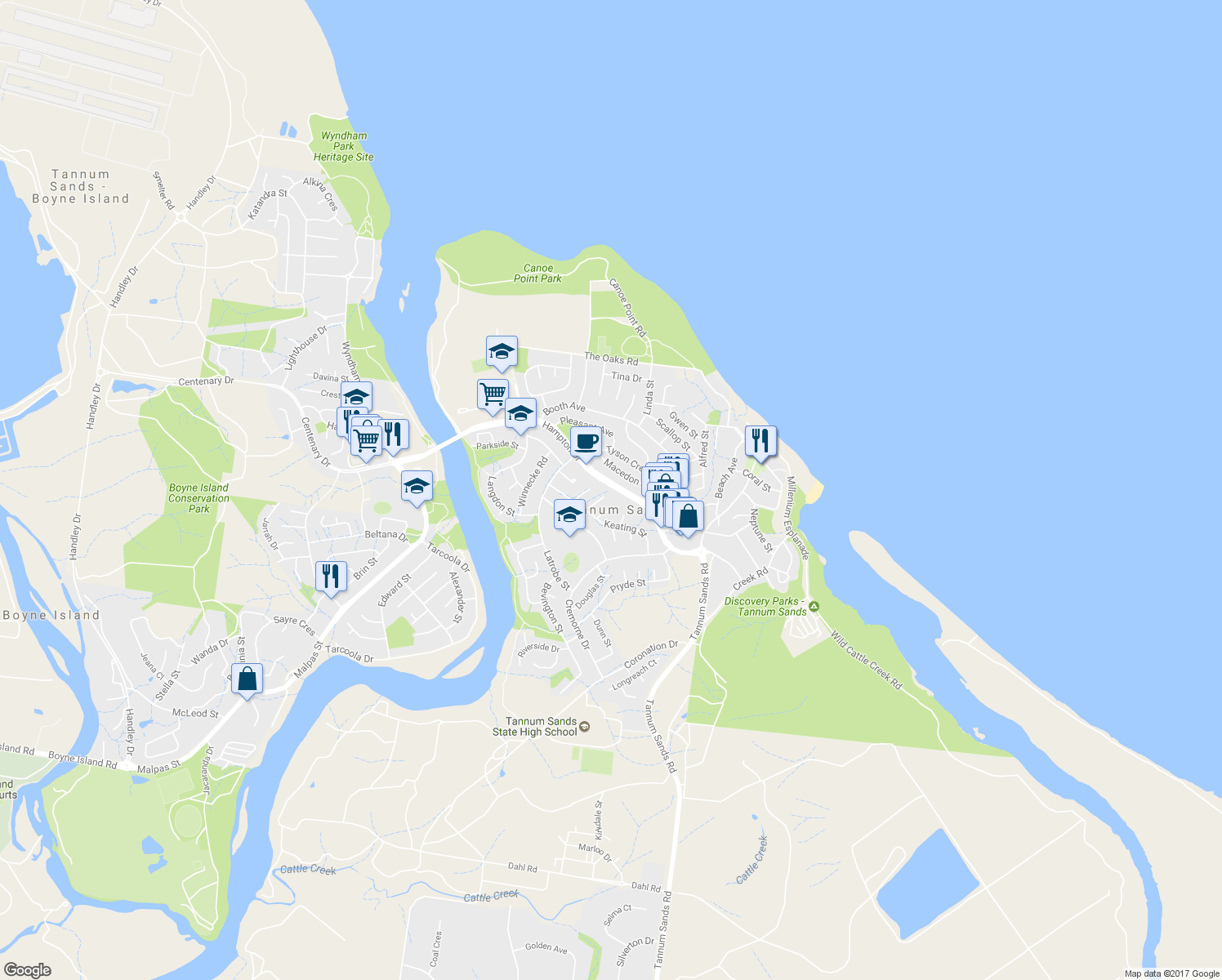 map of restaurants, bars, coffee shops, grocery stores, and more near 60 Hampton Drive in Tannum Sands