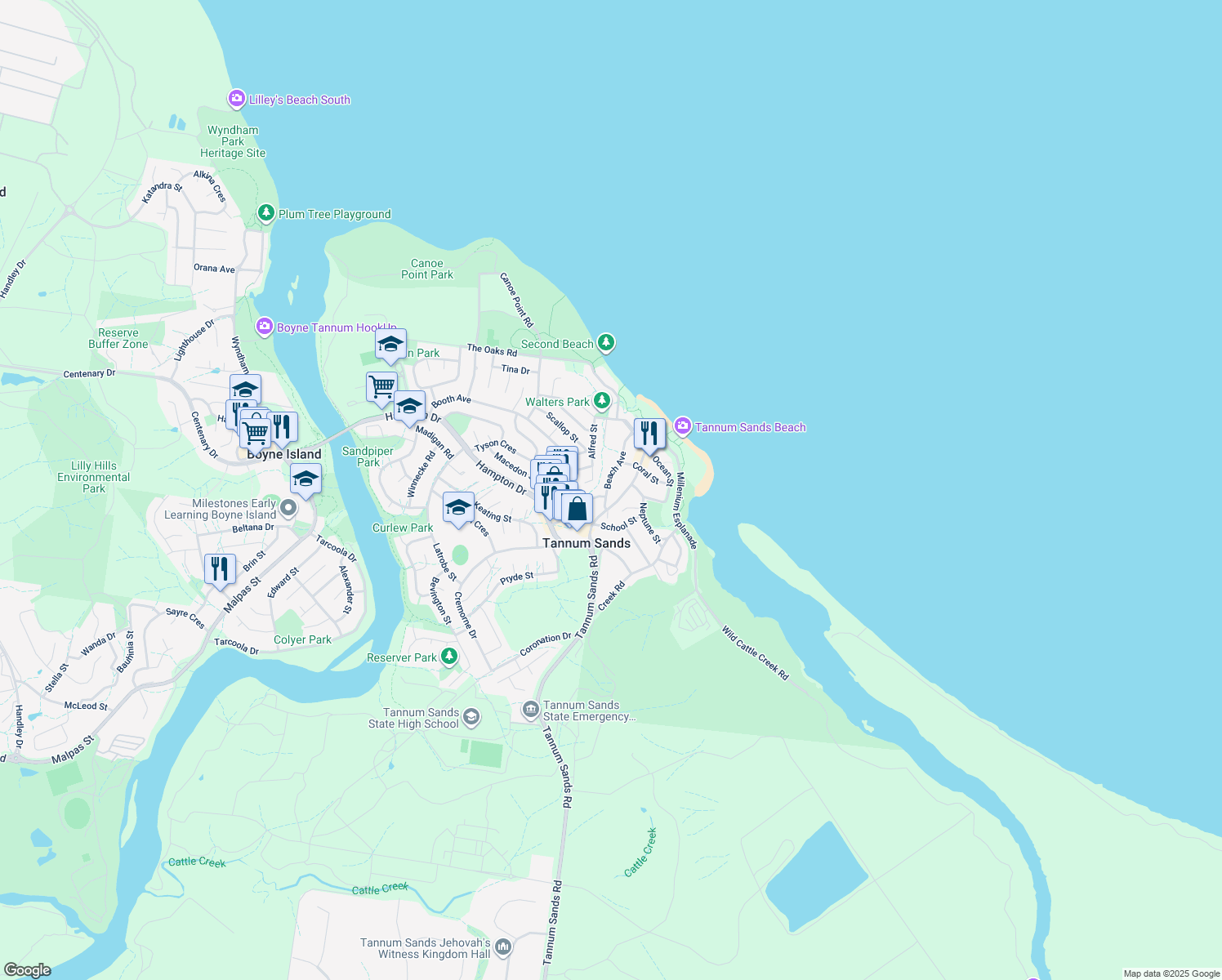 map of restaurants, bars, coffee shops, grocery stores, and more near 27B Beach Avenue in Tannum Sands
