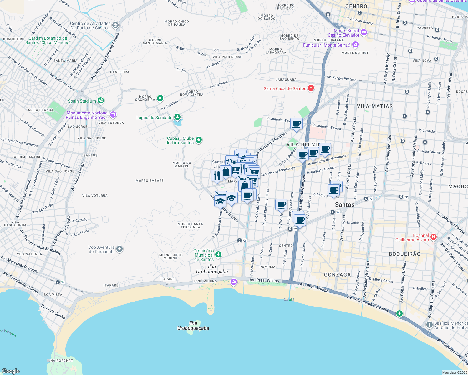 map of restaurants, bars, coffee shops, grocery stores, and more near 174 Rua Alfredo Albertini in Santos