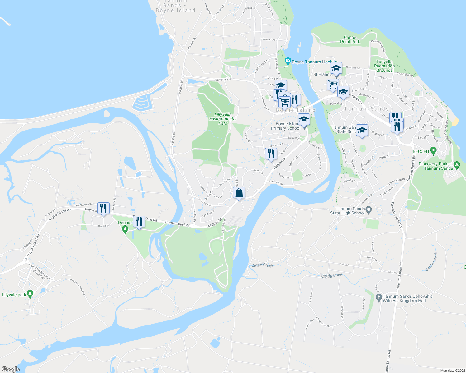 map of restaurants, bars, coffee shops, grocery stores, and more near 8 Valley Way in Boyne Island