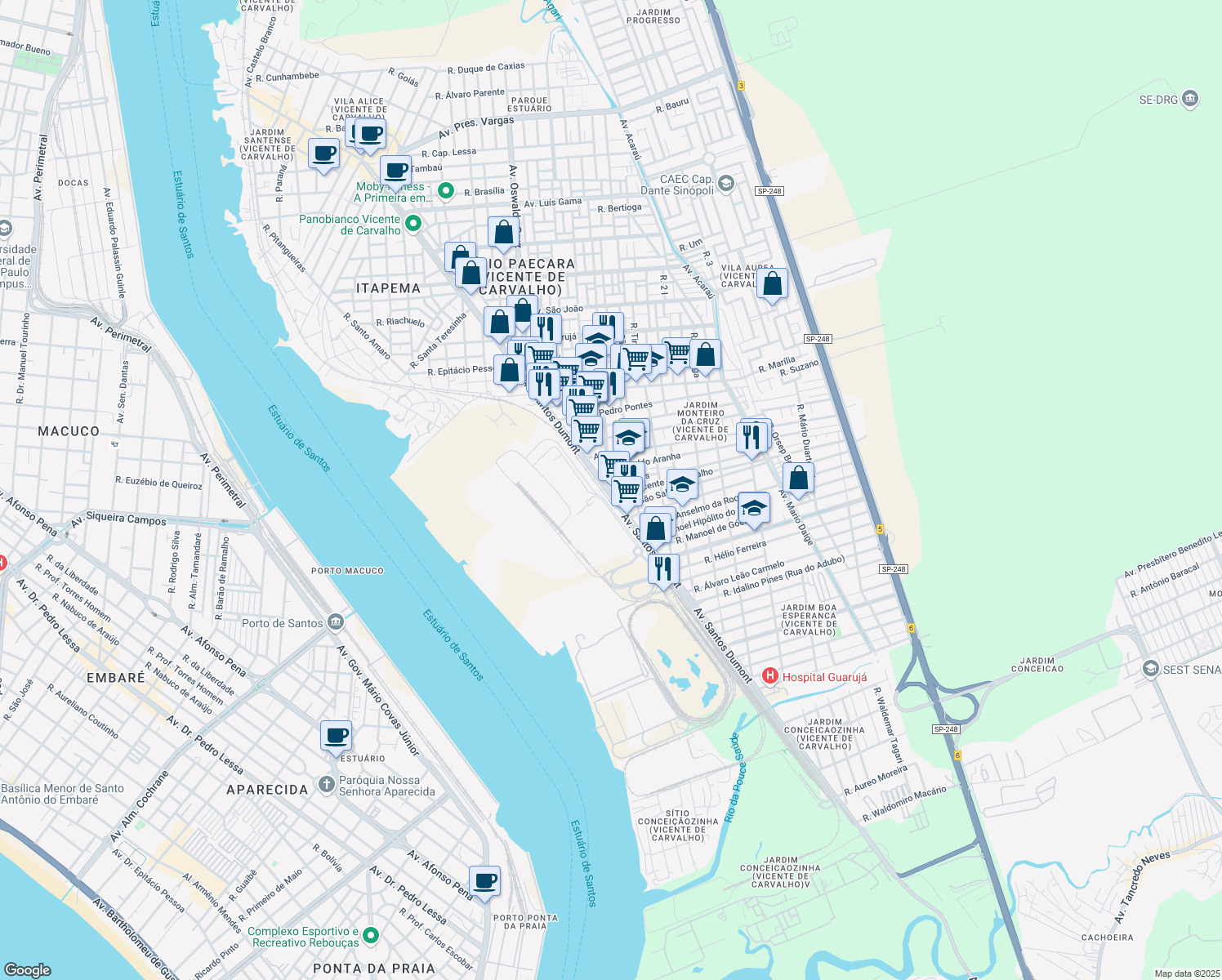 map of restaurants, bars, coffee shops, grocery stores, and more near 4444 Avenida Santos Dumont in Guarujá