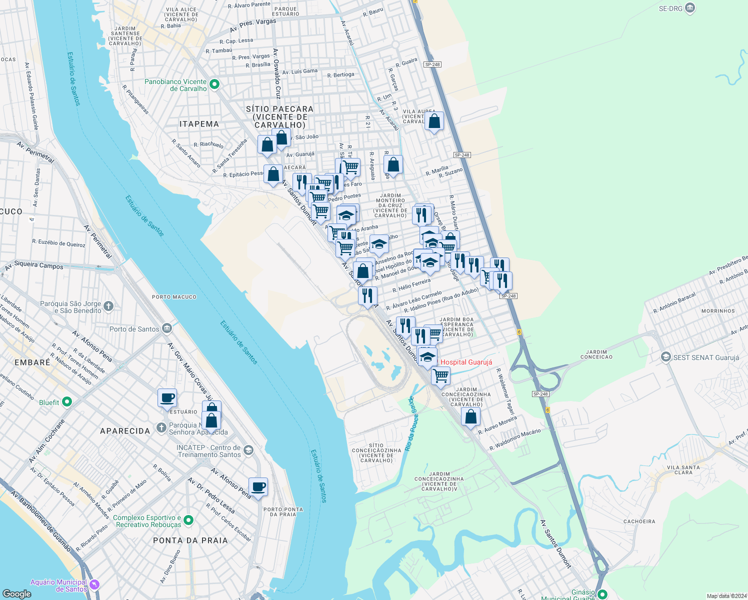 map of restaurants, bars, coffee shops, grocery stores, and more near 4444 Avenida Santos Dumont in Guarujá