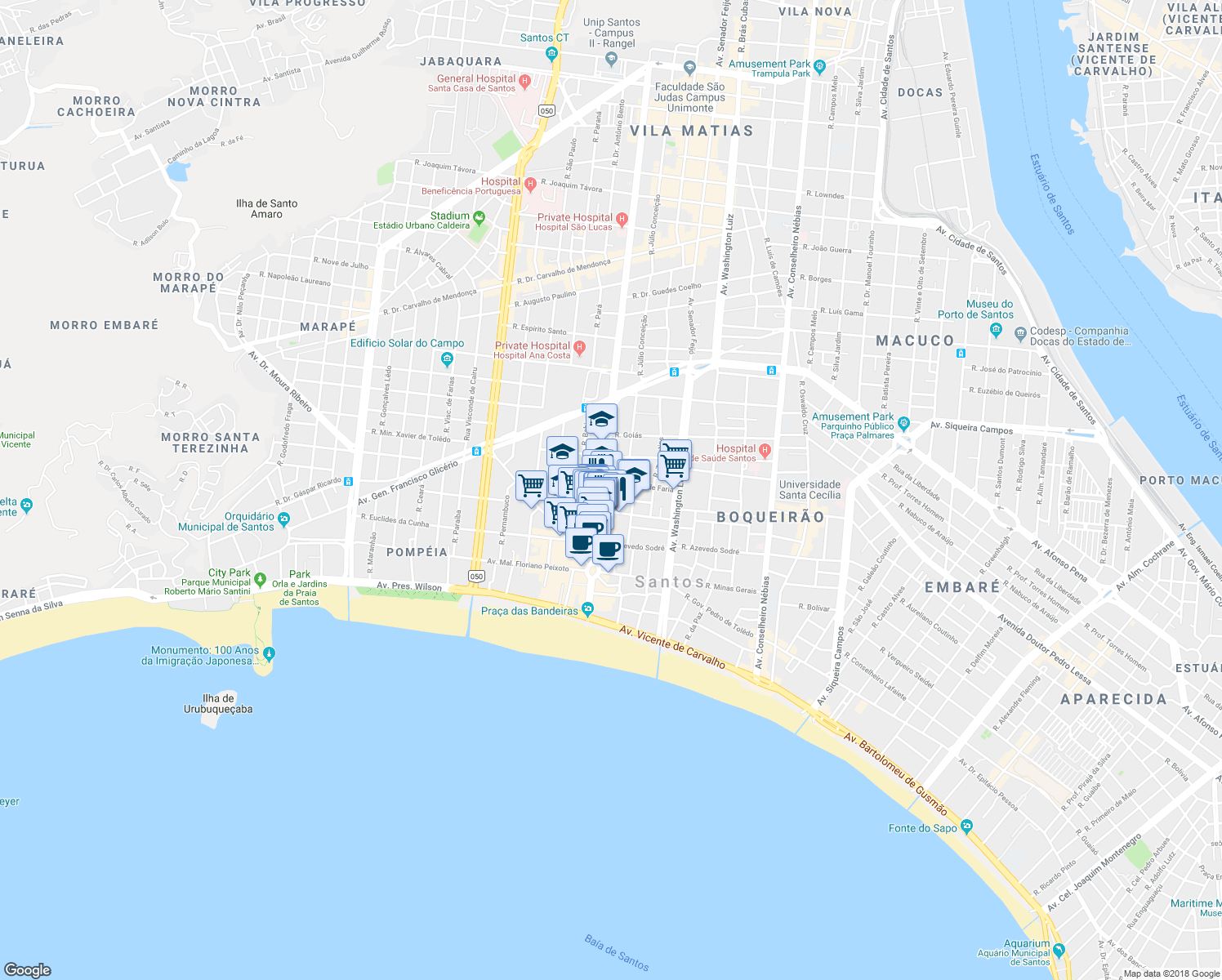 map of restaurants, bars, coffee shops, grocery stores, and more near 433 Avenida Dona Ana Costa in Santos