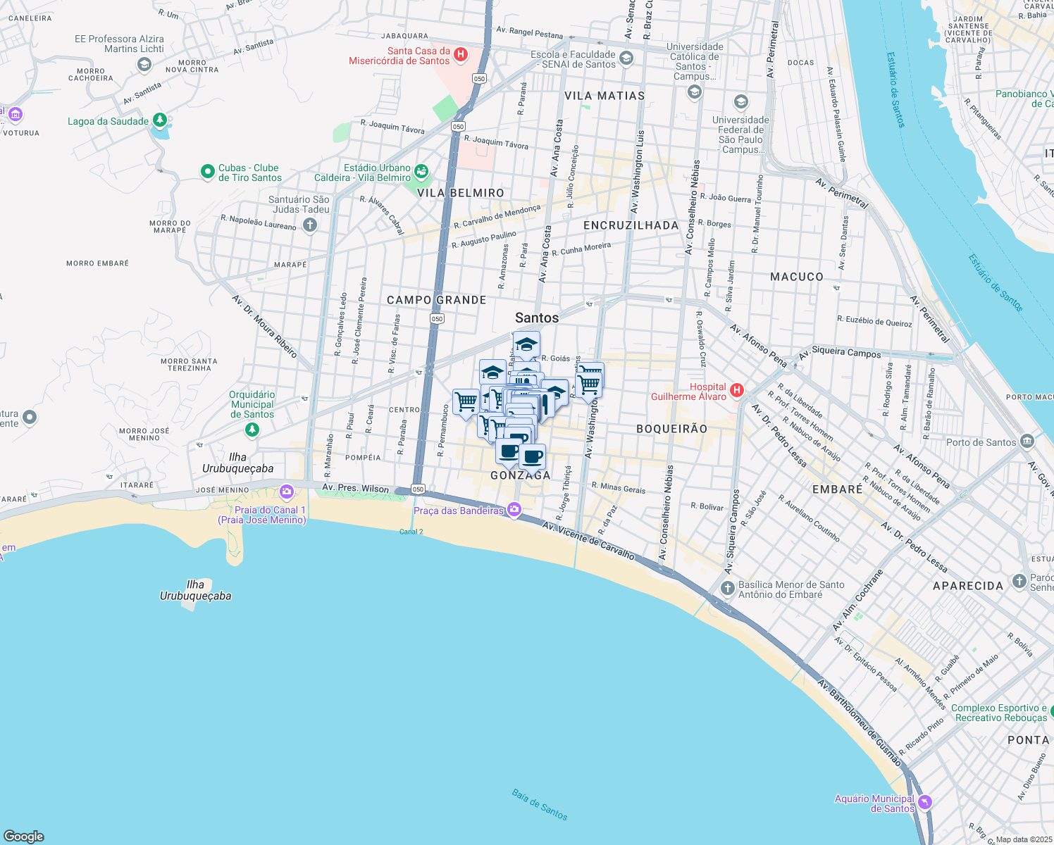 map of restaurants, bars, coffee shops, grocery stores, and more near 433 Avenida Dona Ana Costa in Santos