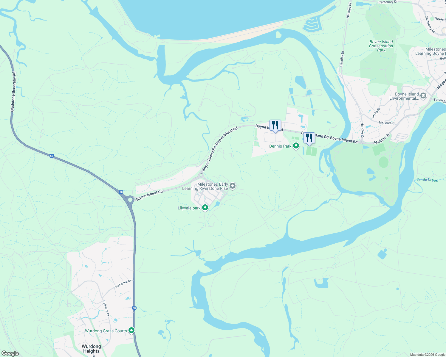 map of restaurants, bars, coffee shops, grocery stores, and more near 30 Tulipwood Circuit in Boyne Island
