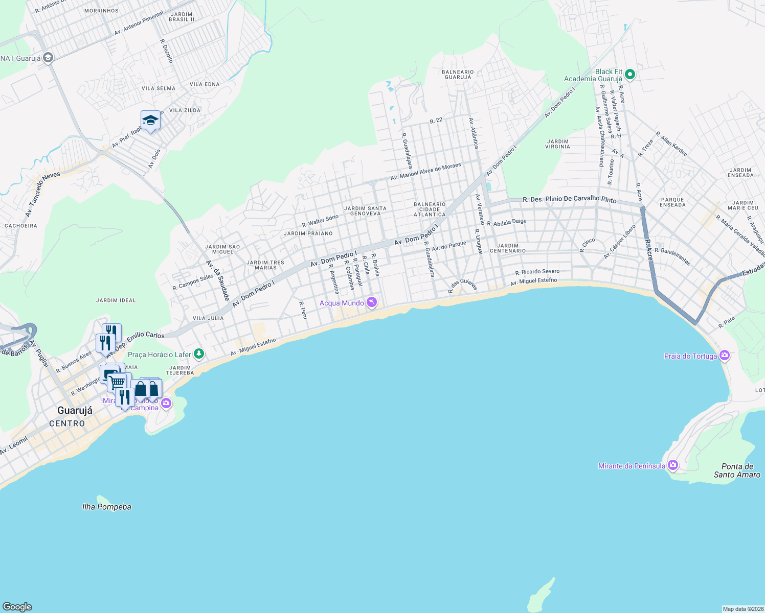 map of restaurants, bars, coffee shops, grocery stores, and more near 165 Rua Bolívia in Guarujá