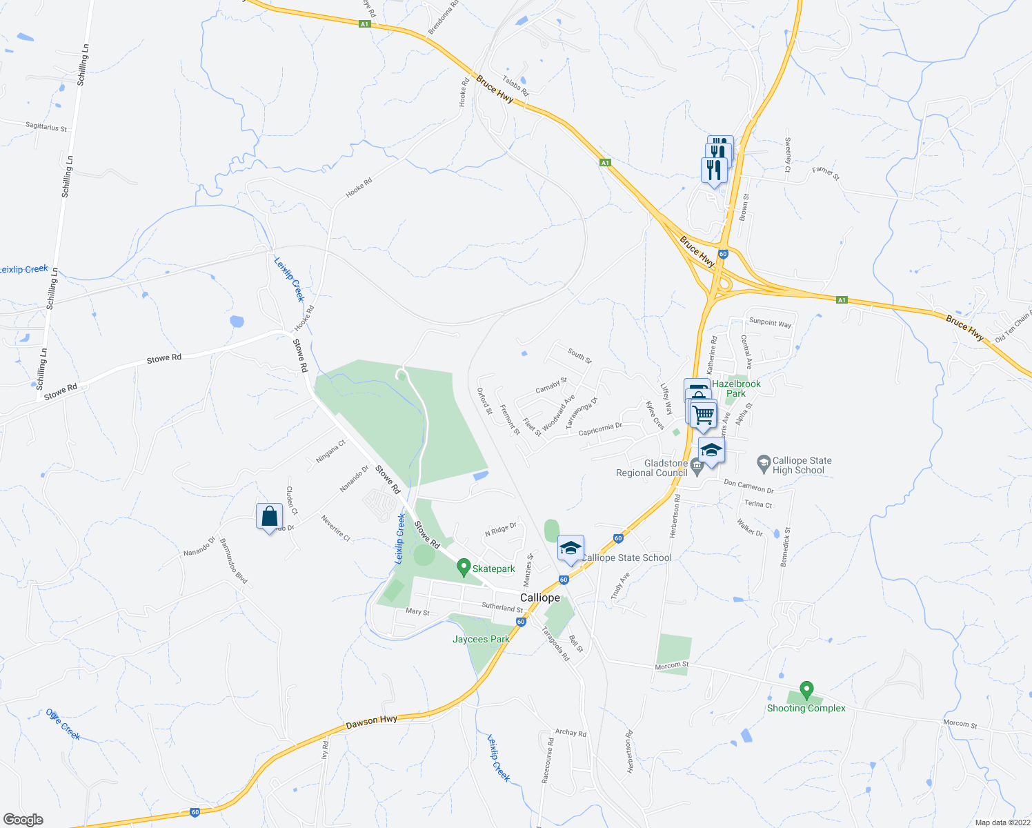 map of restaurants, bars, coffee shops, grocery stores, and more near 15 Fleet Street in Calliope