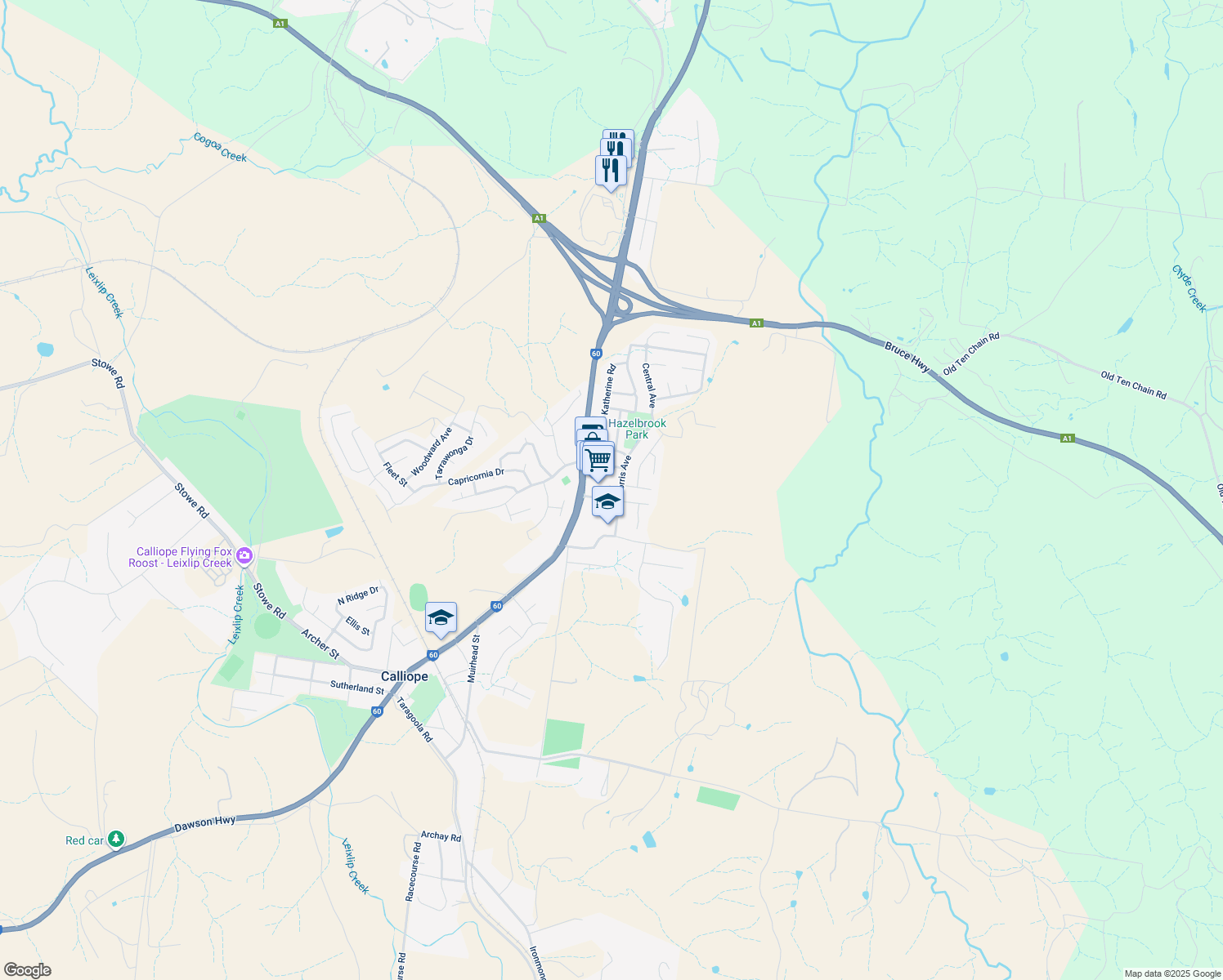map of restaurants, bars, coffee shops, grocery stores, and more near 19 Morris Avenue in Calliope