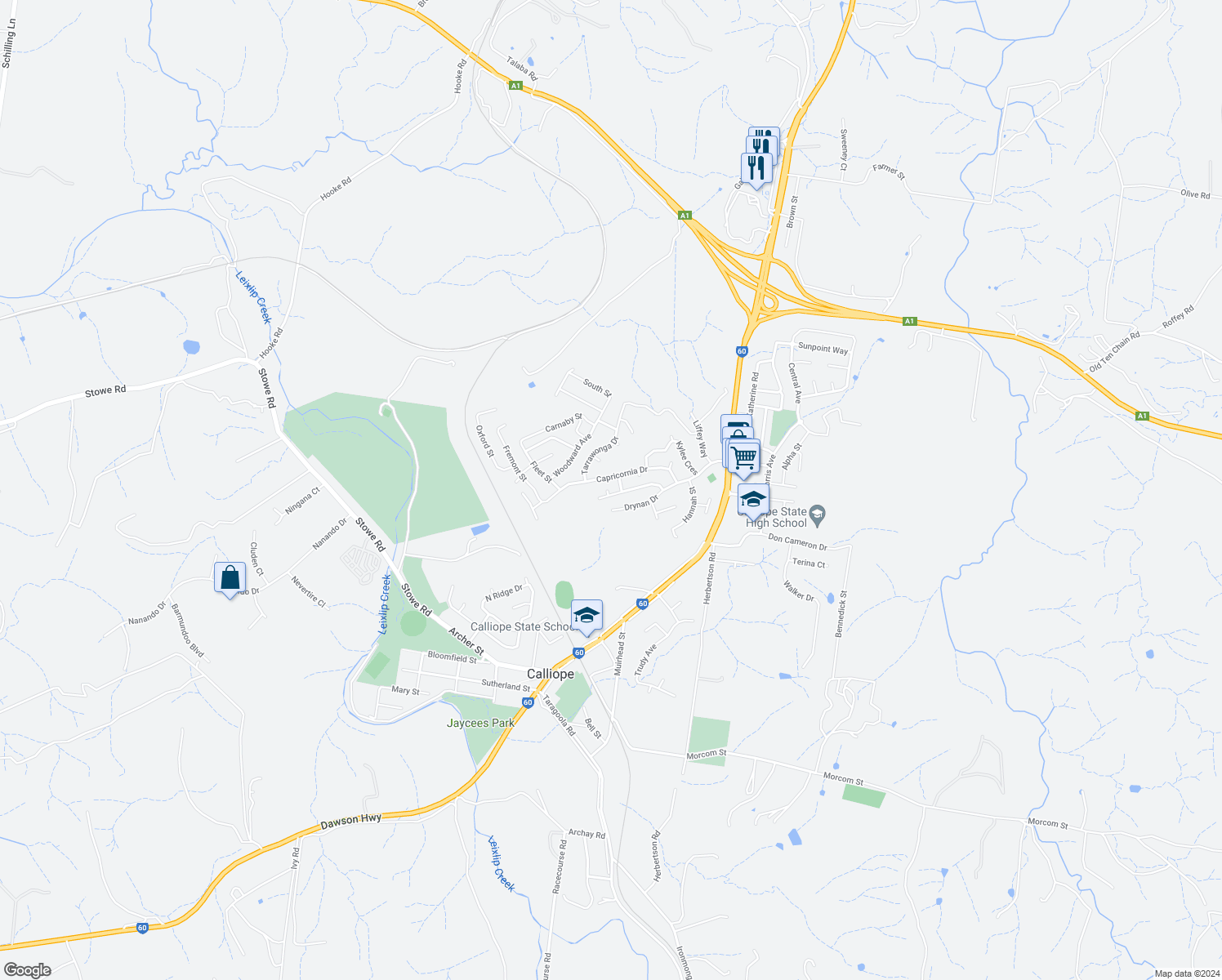 map of restaurants, bars, coffee shops, grocery stores, and more near 28 Beatle Parade in Calliope