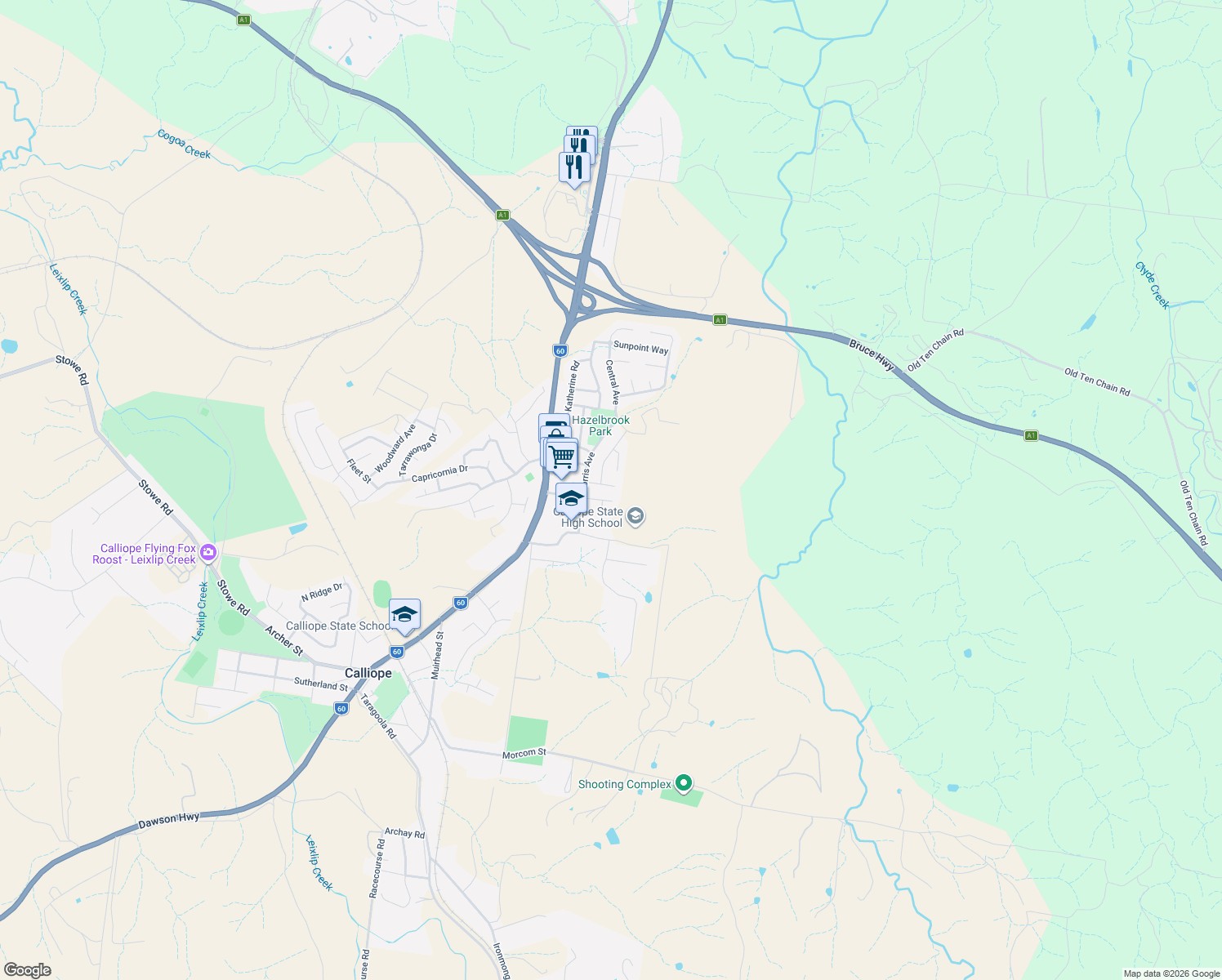 map of restaurants, bars, coffee shops, grocery stores, and more near 14 Brisbane Street in Calliope
