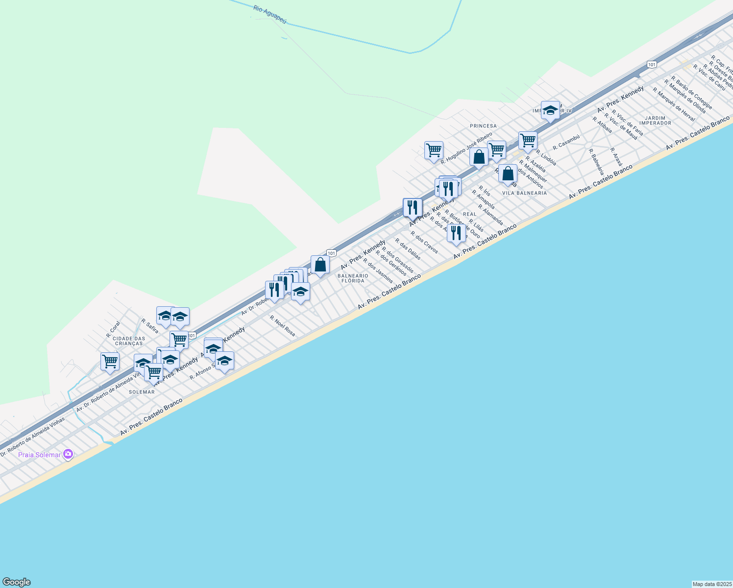 map of restaurants, bars, coffee shops, grocery stores, and more near in Praia Grande
