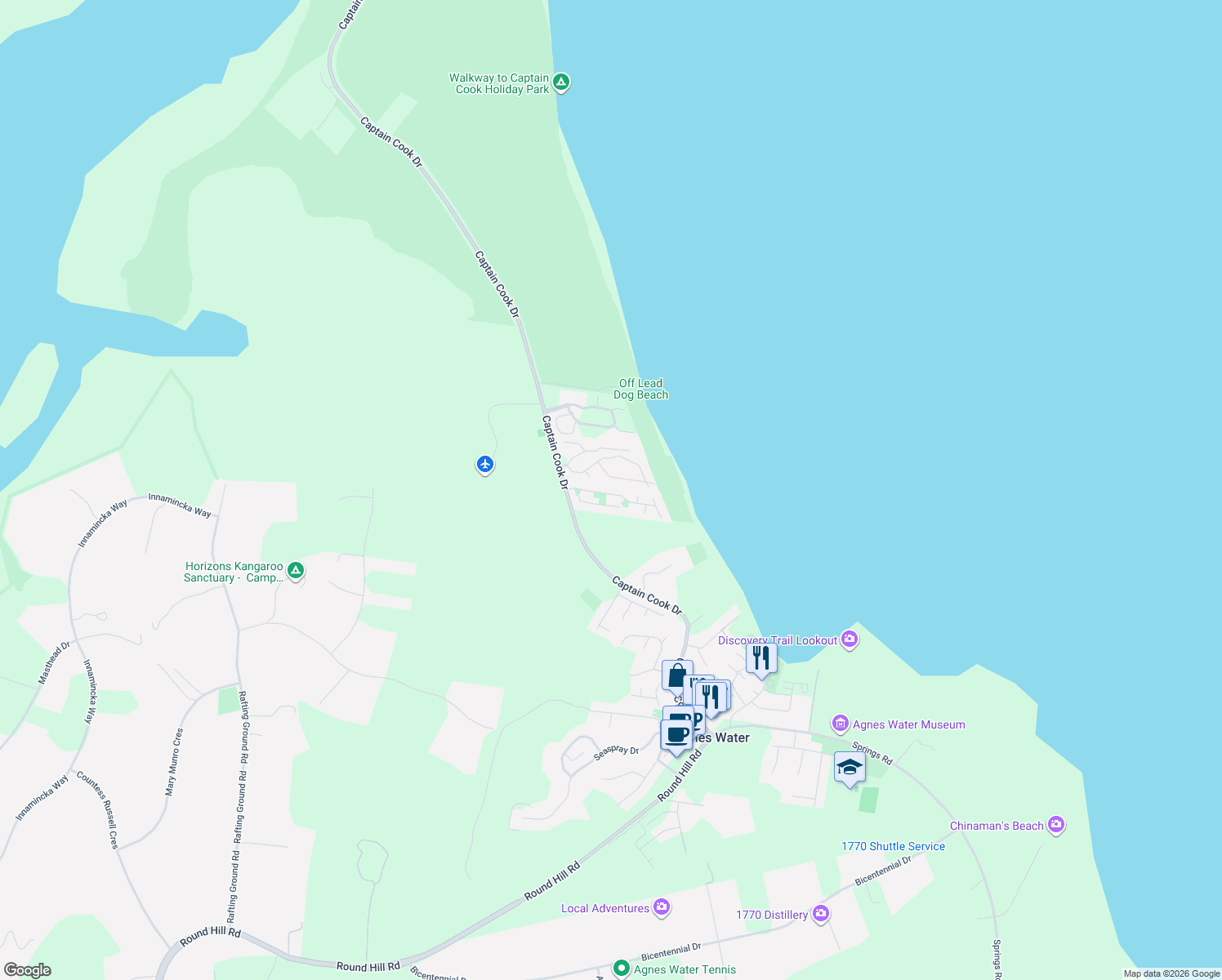 map of restaurants, bars, coffee shops, grocery stores, and more near 21 Waterfront Drive in Agnes Water