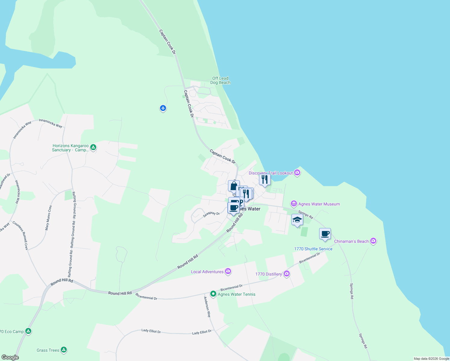 map of restaurants, bars, coffee shops, grocery stores, and more near 5 Woodrow Drive in Agnes Water