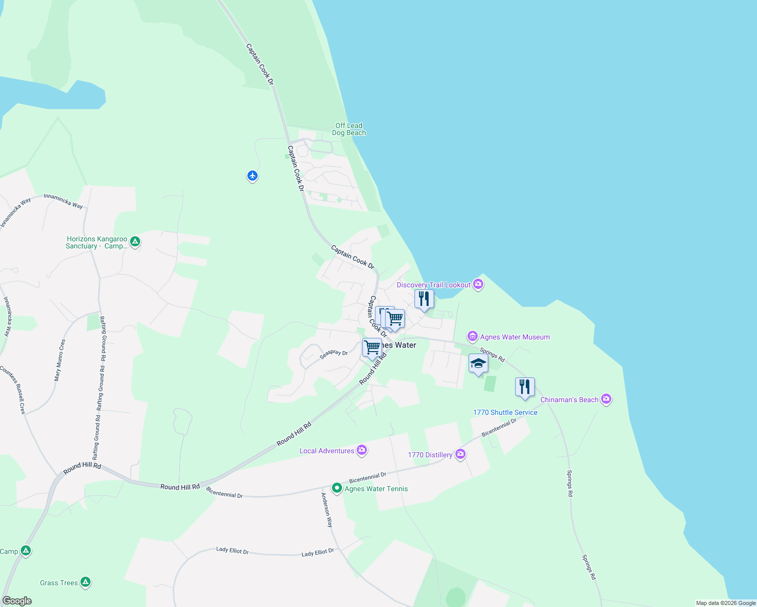 map of restaurants, bars, coffee shops, grocery stores, and more near 4 Grahame Colyer Drive in Agnes Water