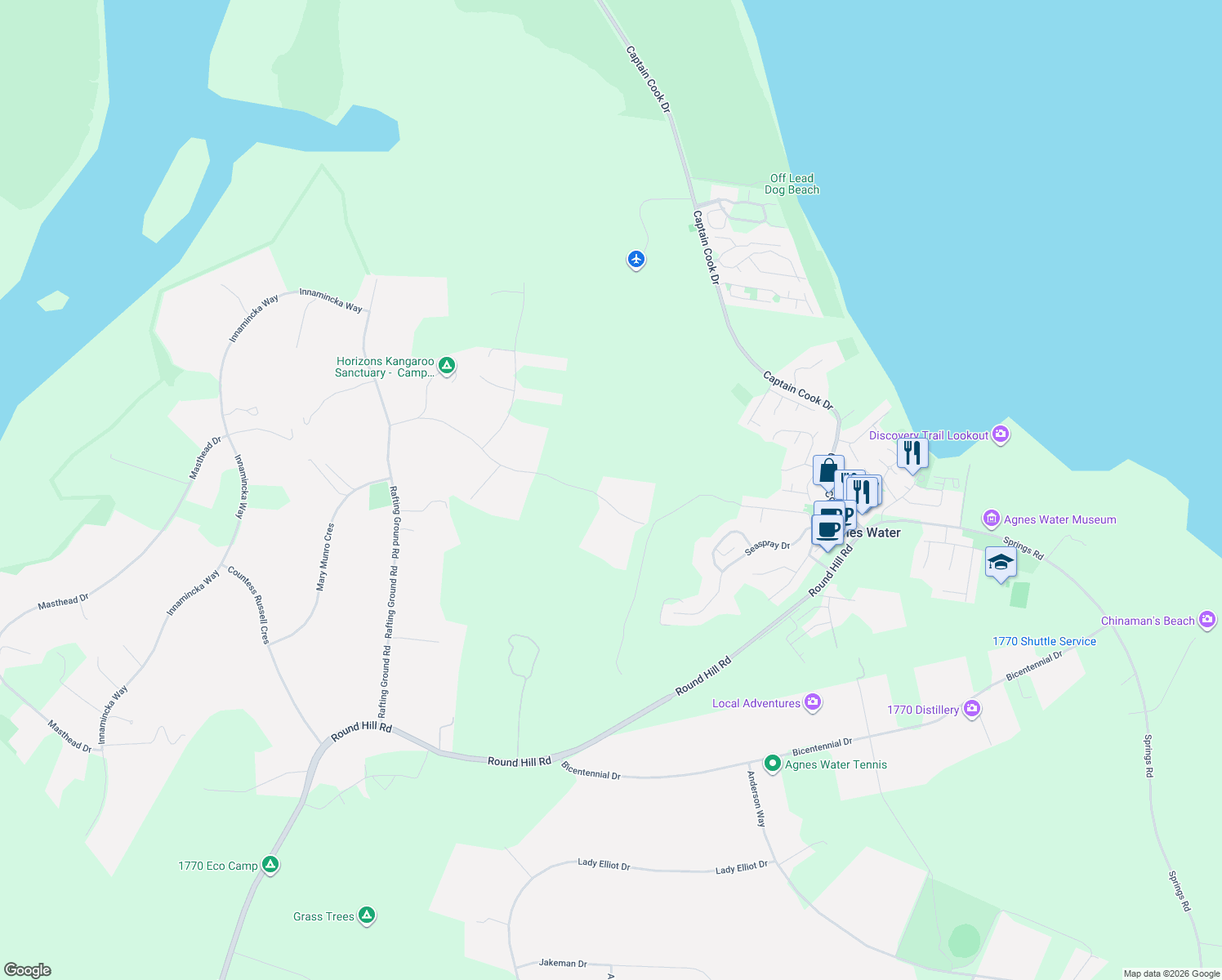 map of restaurants, bars, coffee shops, grocery stores, and more near 121 Fitzroy Crescent in Agnes Water