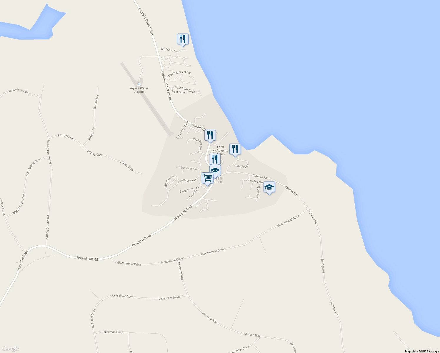map of restaurants, bars, coffee shops, grocery stores, and more near 2 Captain Cook Drive in Agnes Water
