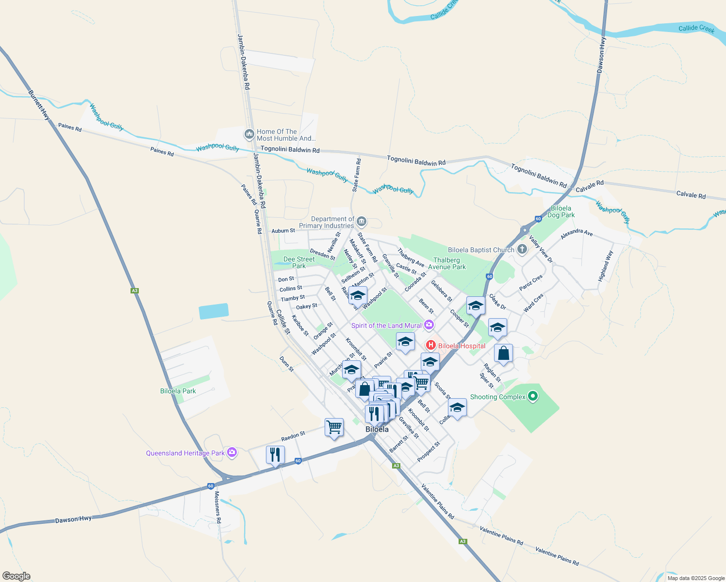 map of restaurants, bars, coffee shops, grocery stores, and more near 9 Malakoff Street in Biloela
