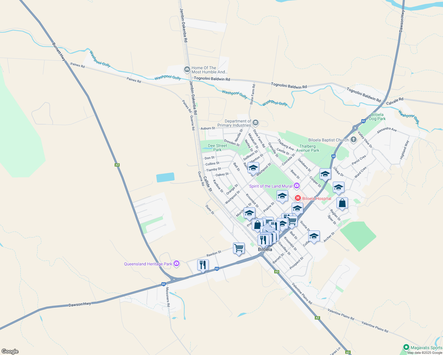 map of restaurants, bars, coffee shops, grocery stores, and more near 20 Bauhinia Street in Biloela