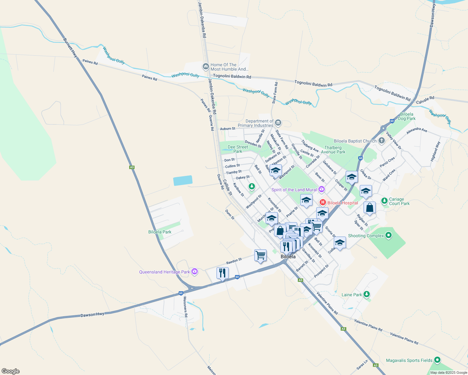 map of restaurants, bars, coffee shops, grocery stores, and more near 157 Kariboe Street in Biloela