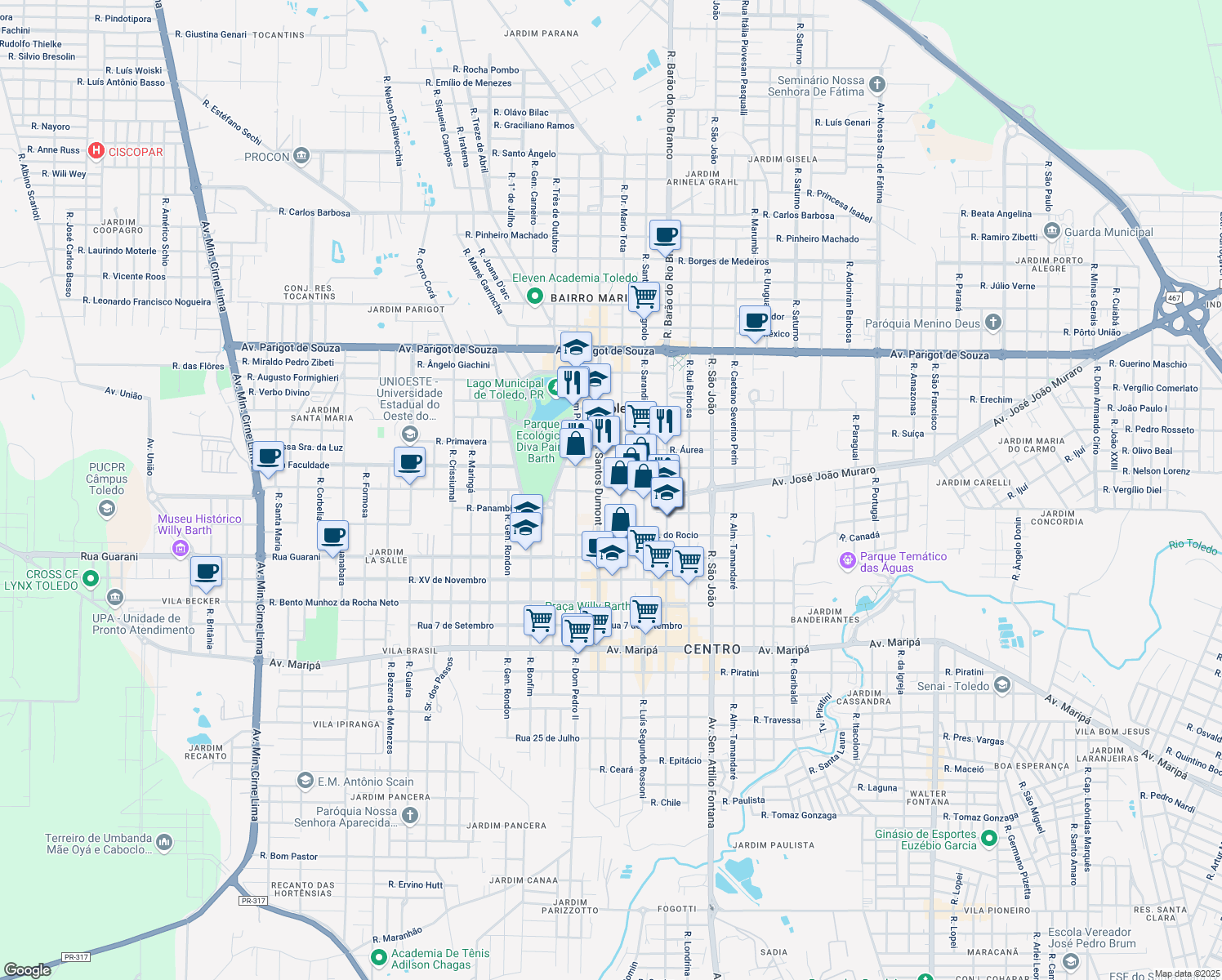map of restaurants, bars, coffee shops, grocery stores, and more near 279 Rua Souza Naves in Toledo