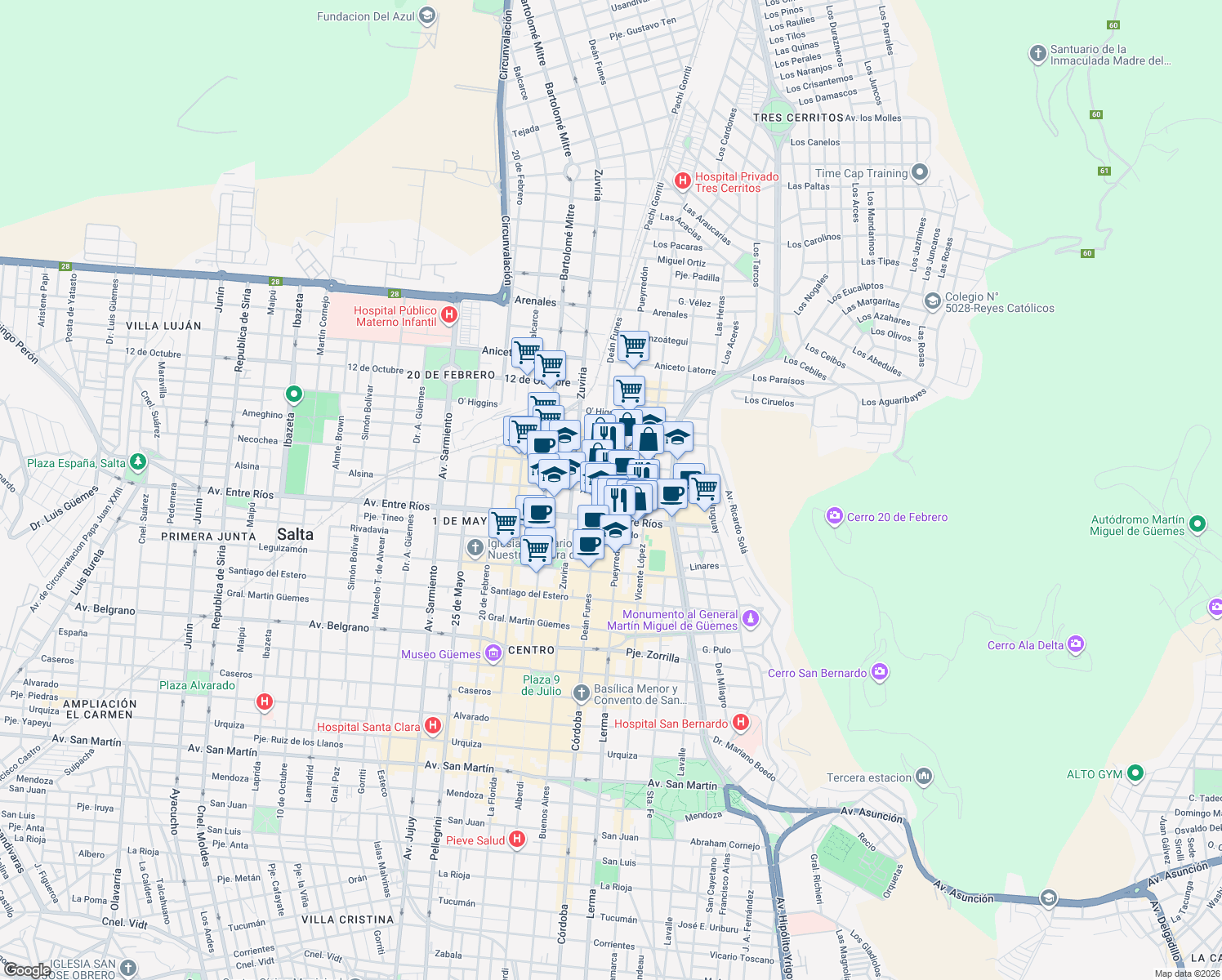 map of restaurants, bars, coffee shops, grocery stores, and more near 364 Alsina in Salta