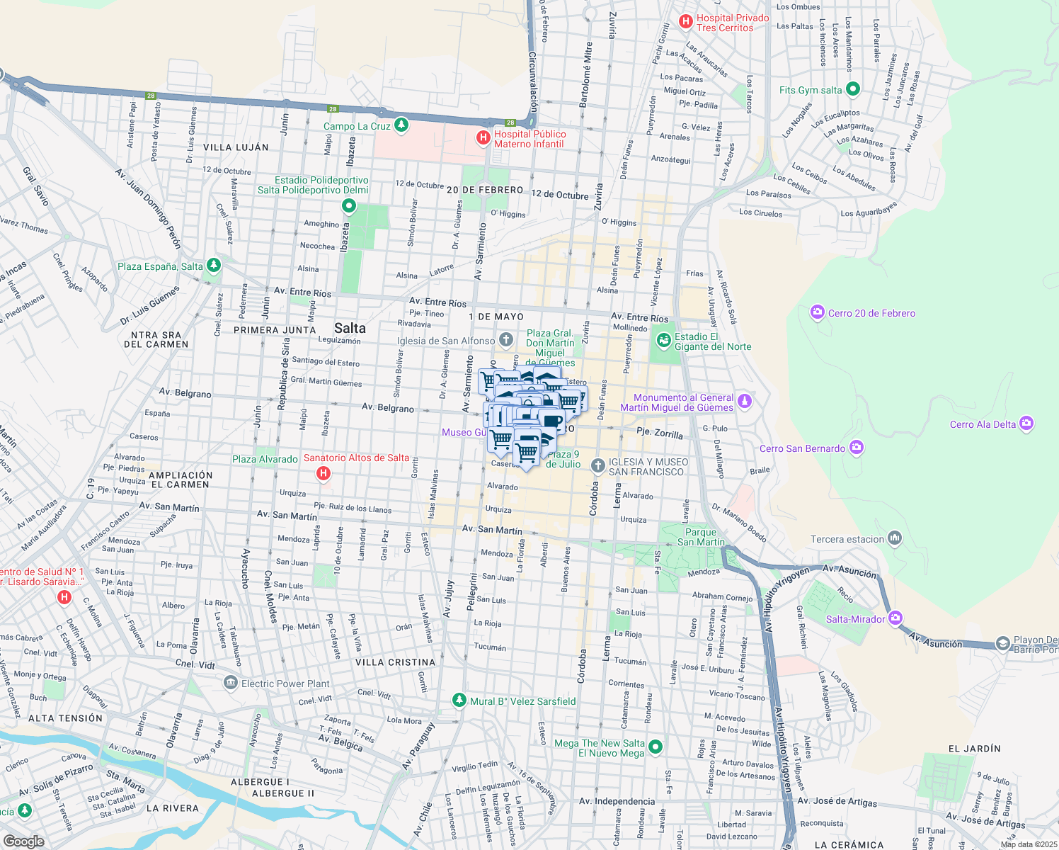 map of restaurants, bars, coffee shops, grocery stores, and more near 707 Avenida Belgrano in Salta