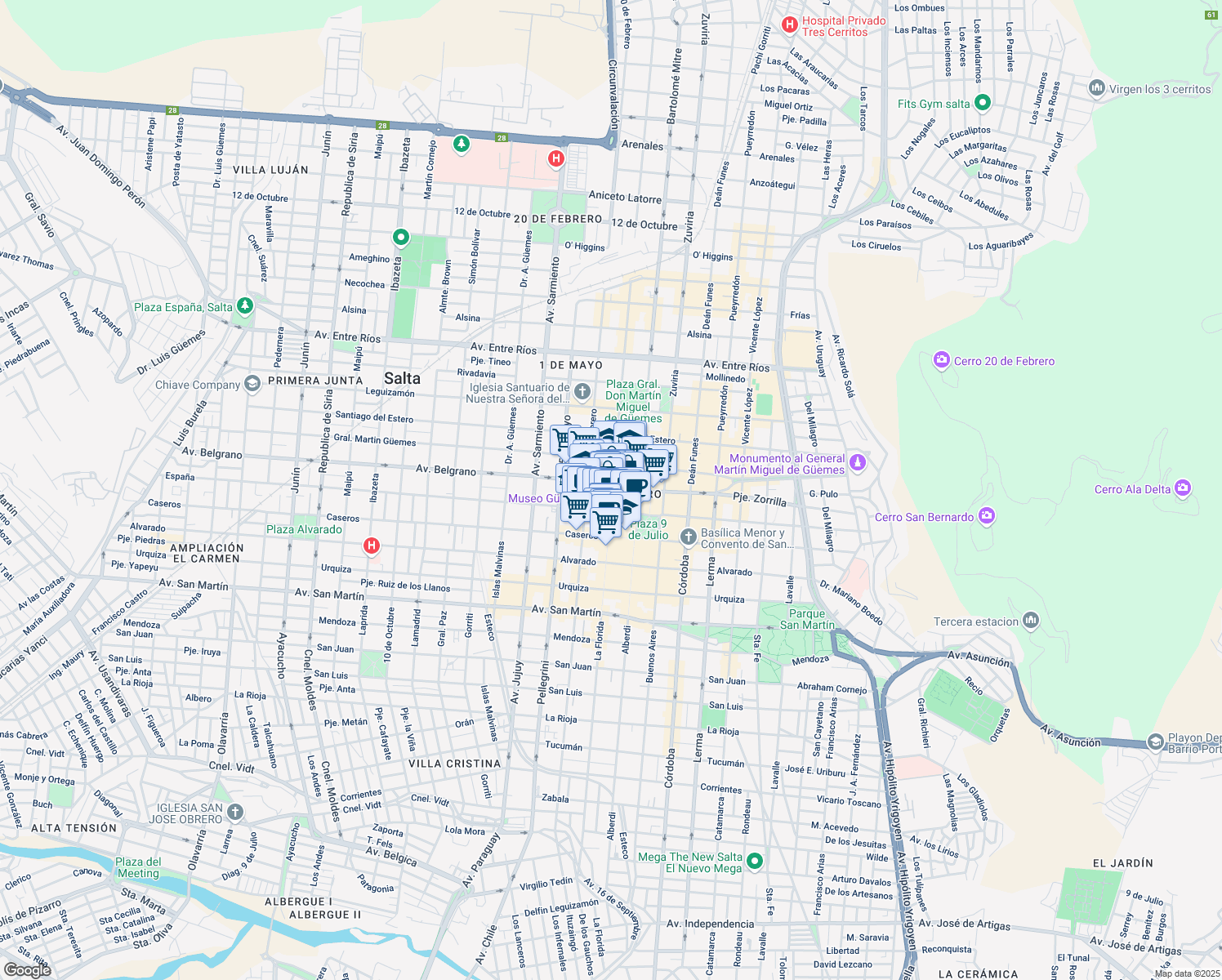 map of restaurants, bars, coffee shops, grocery stores, and more near 707 Avenida Belgrano in Salta