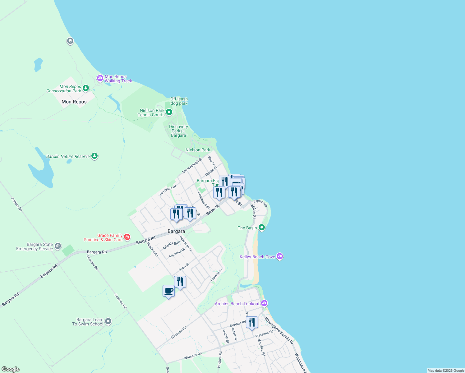 map of restaurants, bars, coffee shops, grocery stores, and more near 67 Esplanade in Bargara