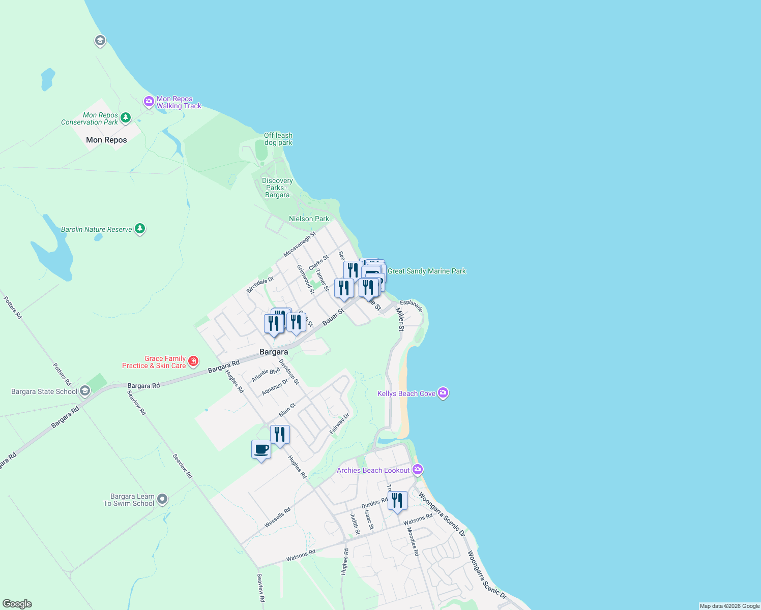 map of restaurants, bars, coffee shops, grocery stores, and more near 6 See Street in Bargara