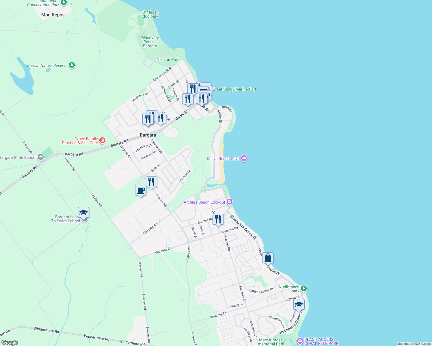 map of restaurants, bars, coffee shops, grocery stores, and more near 16 Miller Street in Bargara