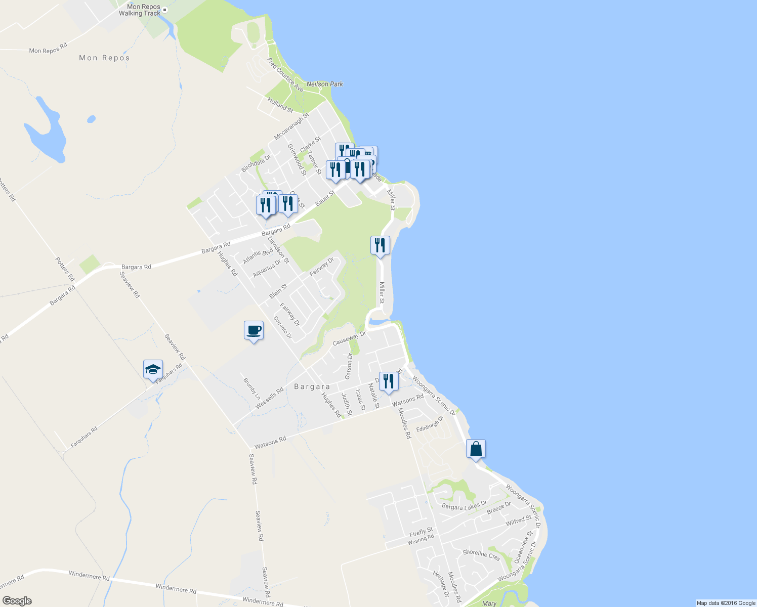map of restaurants, bars, coffee shops, grocery stores, and more near 7 Miller Street in Bargara
