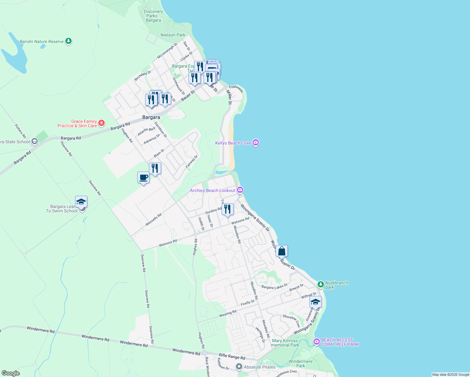map of restaurants, bars, coffee shops, grocery stores, and more near 36 Woongarra Scenic Drive in Bargara