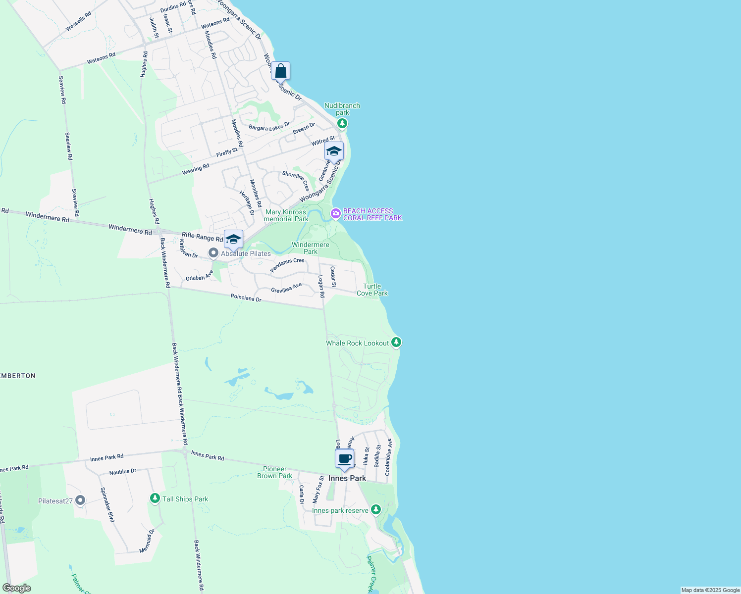 map of restaurants, bars, coffee shops, grocery stores, and more near in Innes Park