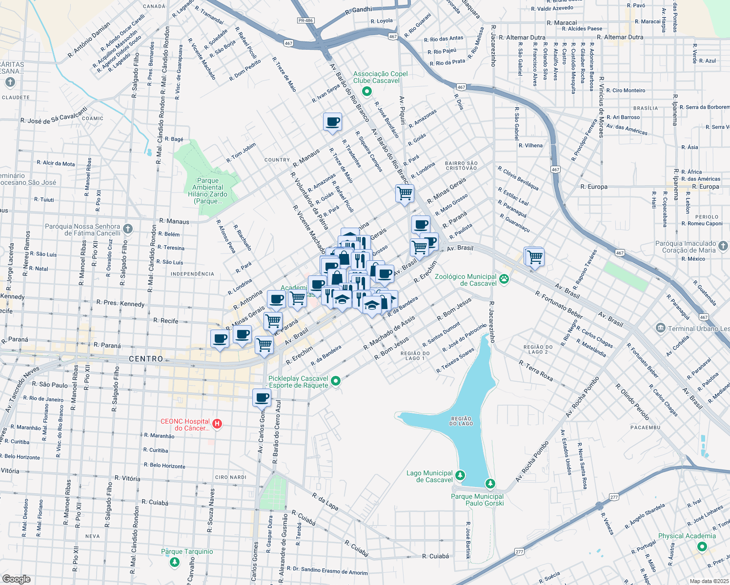 map of restaurants, bars, coffee shops, grocery stores, and more near 3561 Avenida Brasil in Cascavel