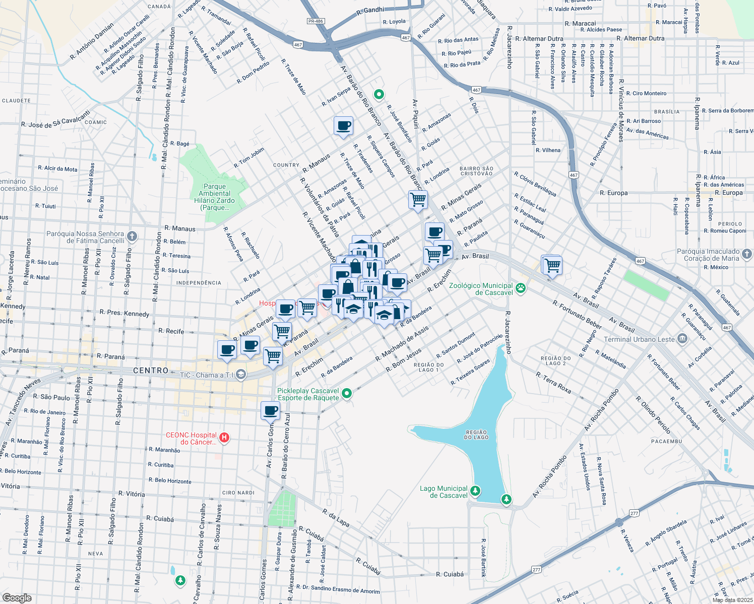 map of restaurants, bars, coffee shops, grocery stores, and more near 3561 Avenida Brasil in Cascavel