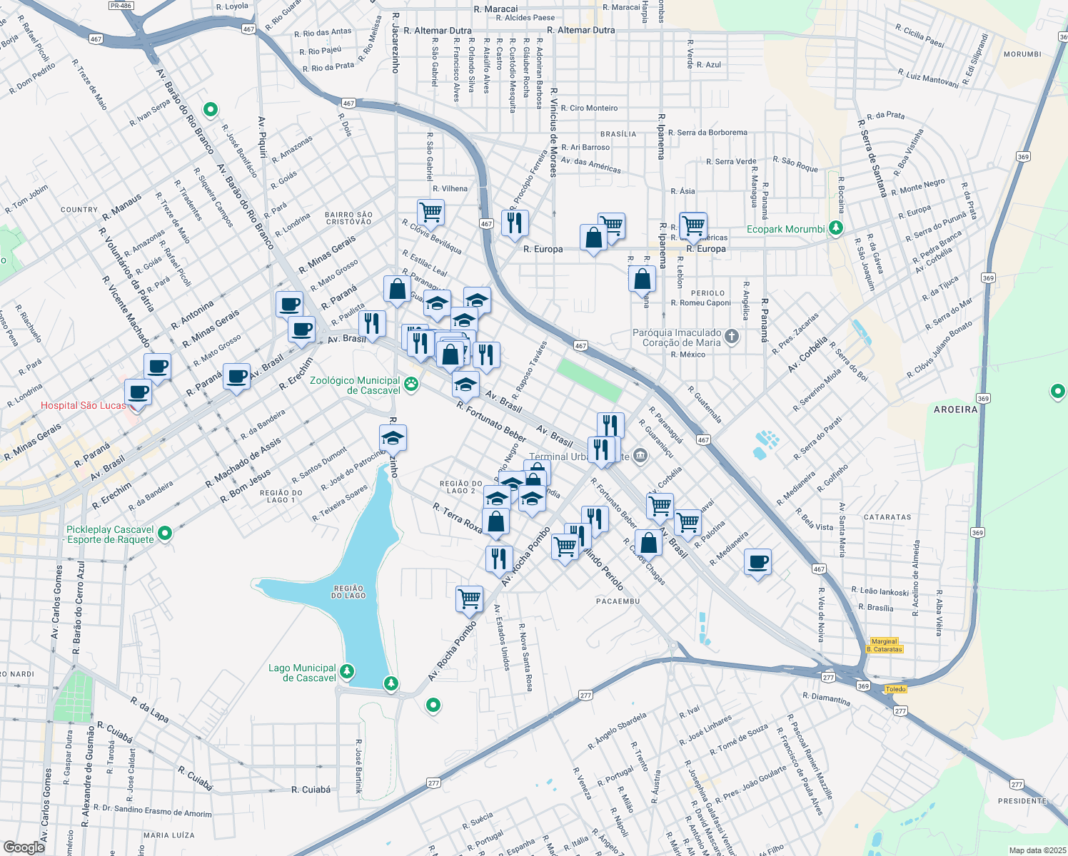 map of restaurants, bars, coffee shops, grocery stores, and more near 2435 Avenida Brasil in Cascavel