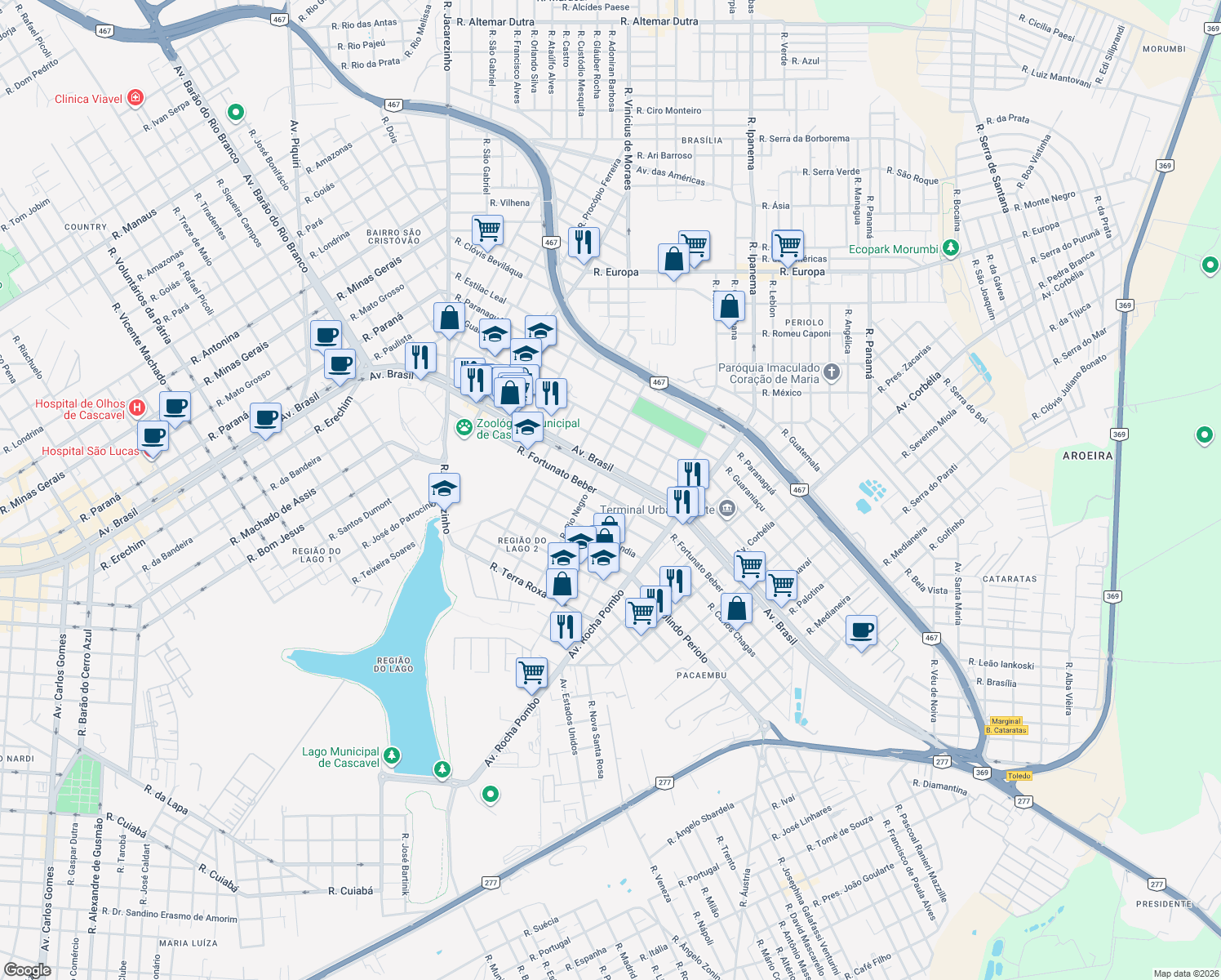 map of restaurants, bars, coffee shops, grocery stores, and more near 2435 Avenida Brasil in Cascavel