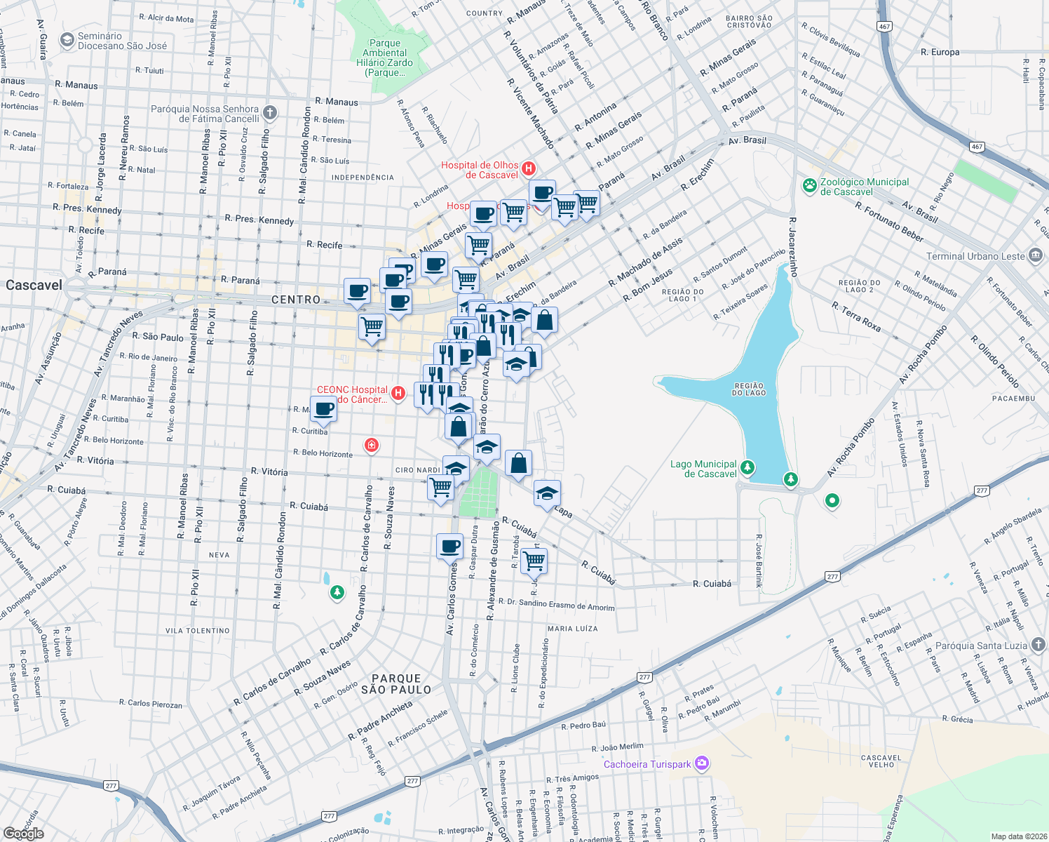 map of restaurants, bars, coffee shops, grocery stores, and more near 30 Rua Maranhão in Cascavel