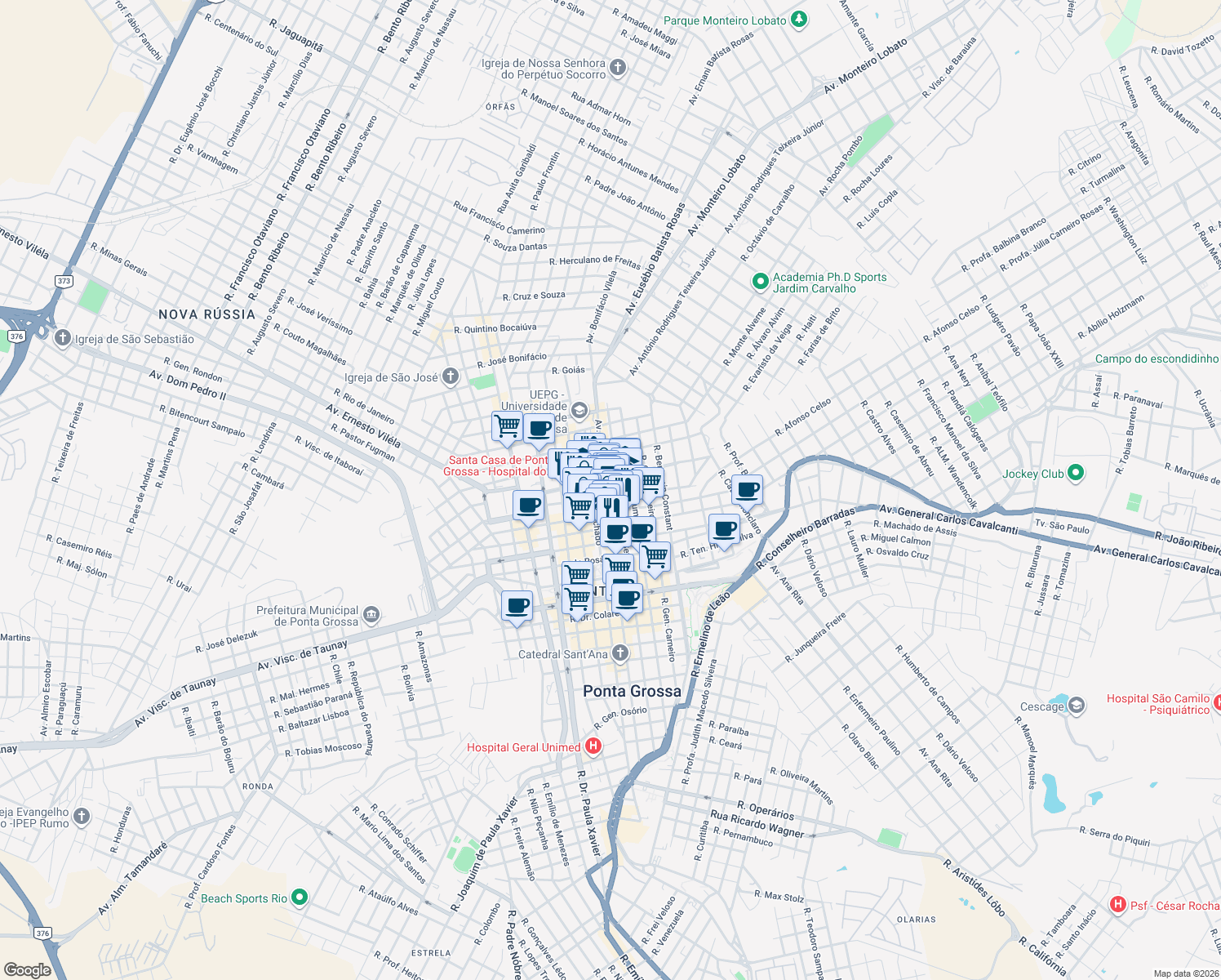 map of restaurants, bars, coffee shops, grocery stores, and more near 348 Avenida Bonifácio Villela in Ponta Grossa