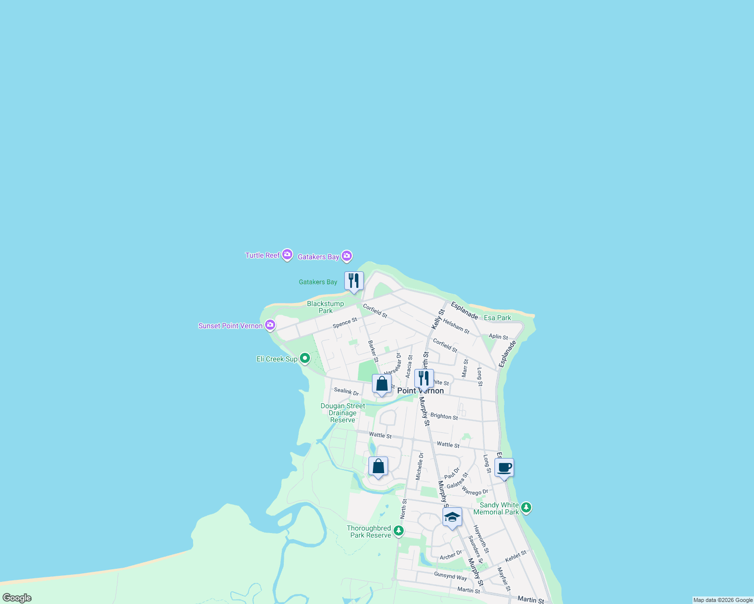 map of restaurants, bars, coffee shops, grocery stores, and more near 48 Mant Street in Point Vernon