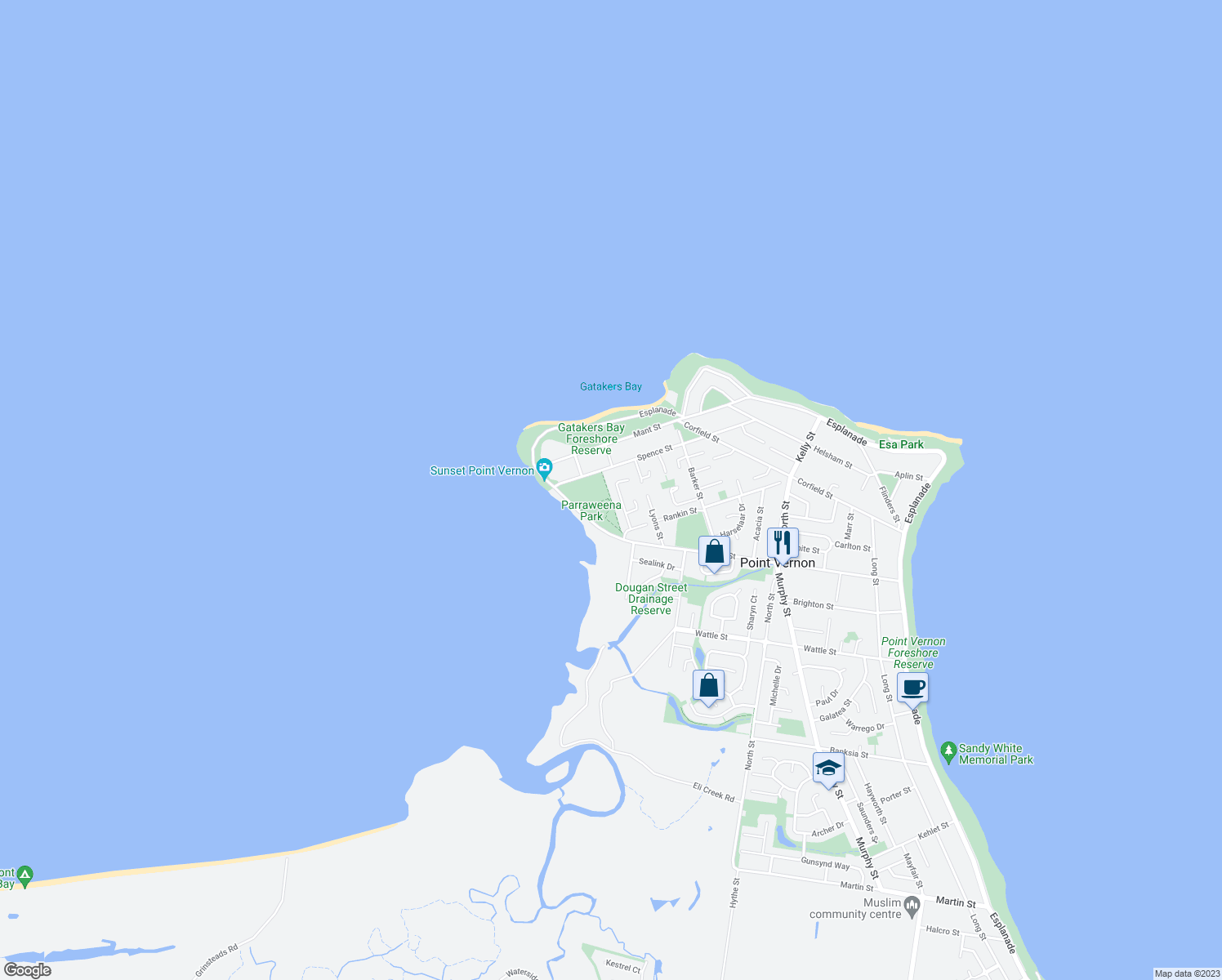 map of restaurants, bars, coffee shops, grocery stores, and more near 14 Parraweena Court in Point Vernon